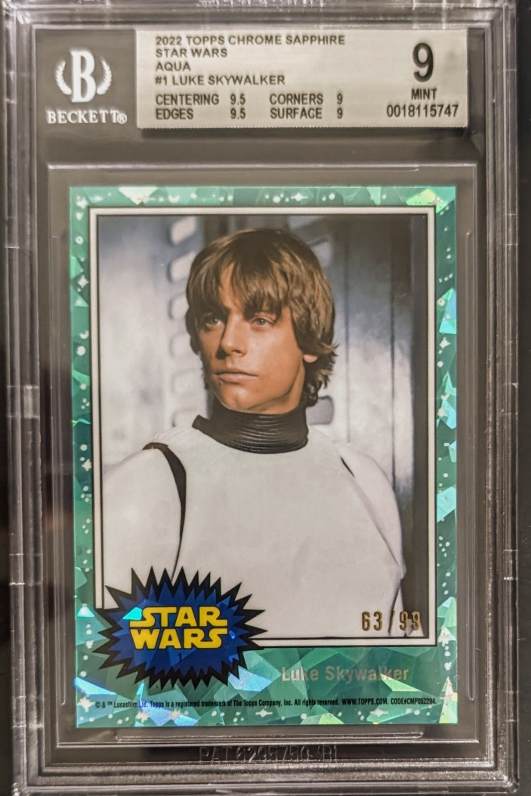2022 Topps Star Wars Sapphire LUKE SKYWALKER #1 AQUA /99 BGS 9 MINT++