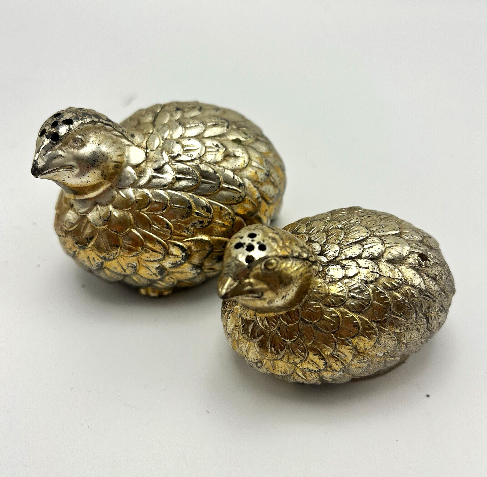 VTG 1970s Metal Quail Bird Salt & Pepper Shakers Set Silver Gold Plated MCM