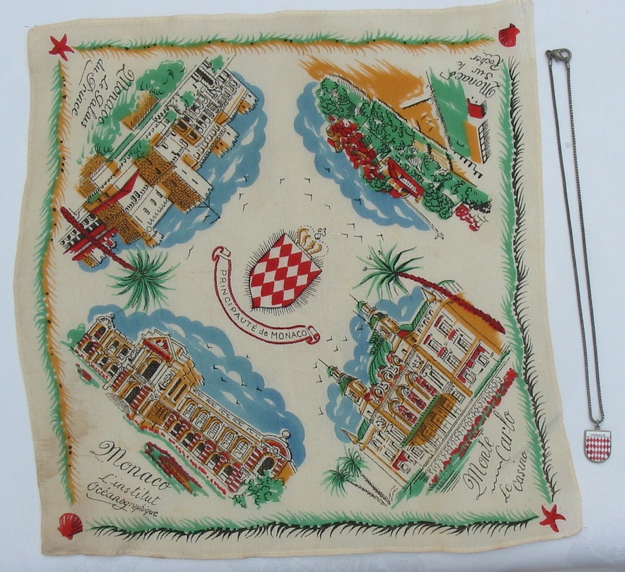 Vintage Monaco Souvenir Coat of Arms Pendant Necklace Hanky Monte Carlo Palace