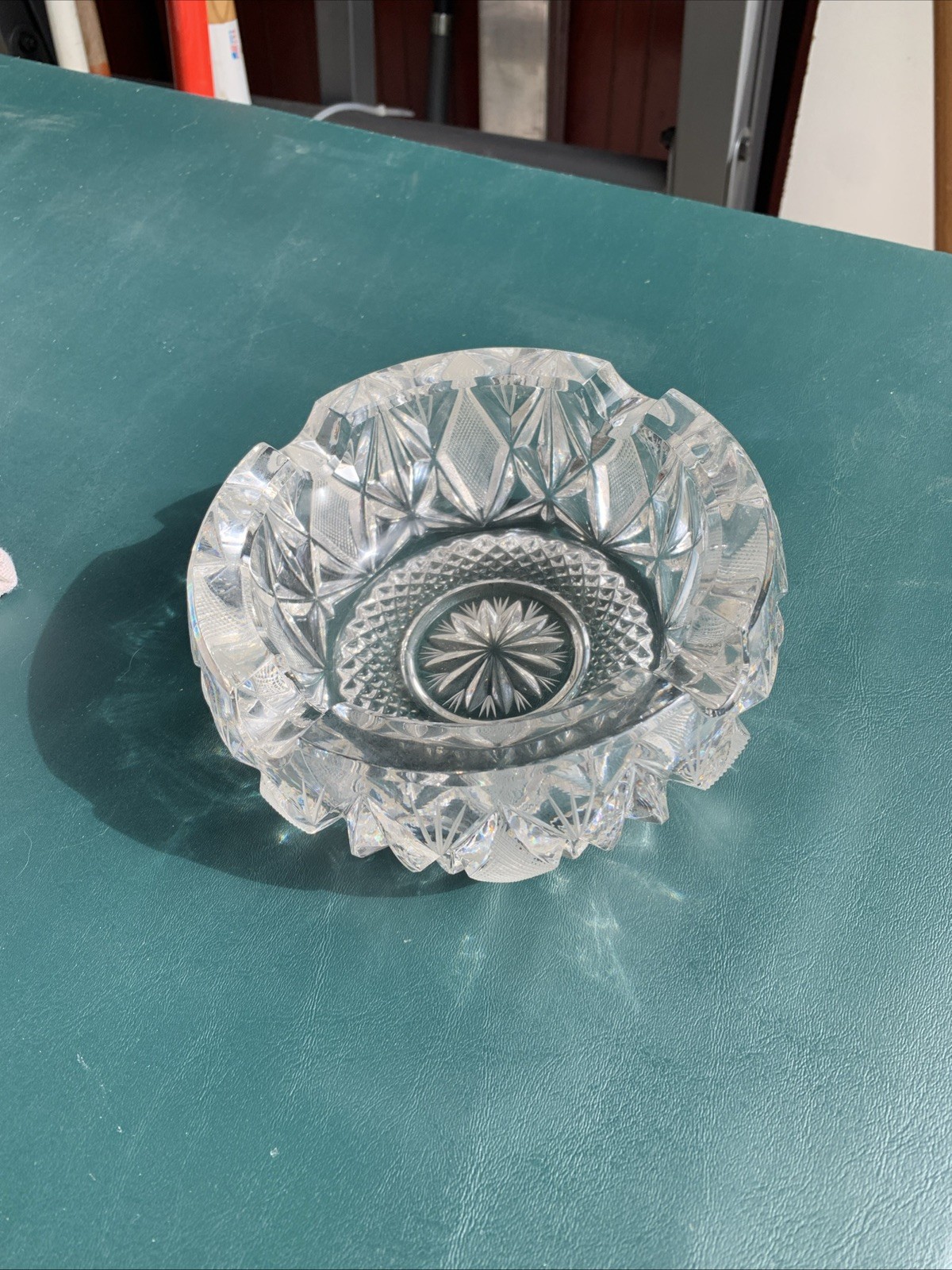 Vintage Heavy Cut Crystal Glass Ashtray Starburst Diamond Pattern 6 Inch