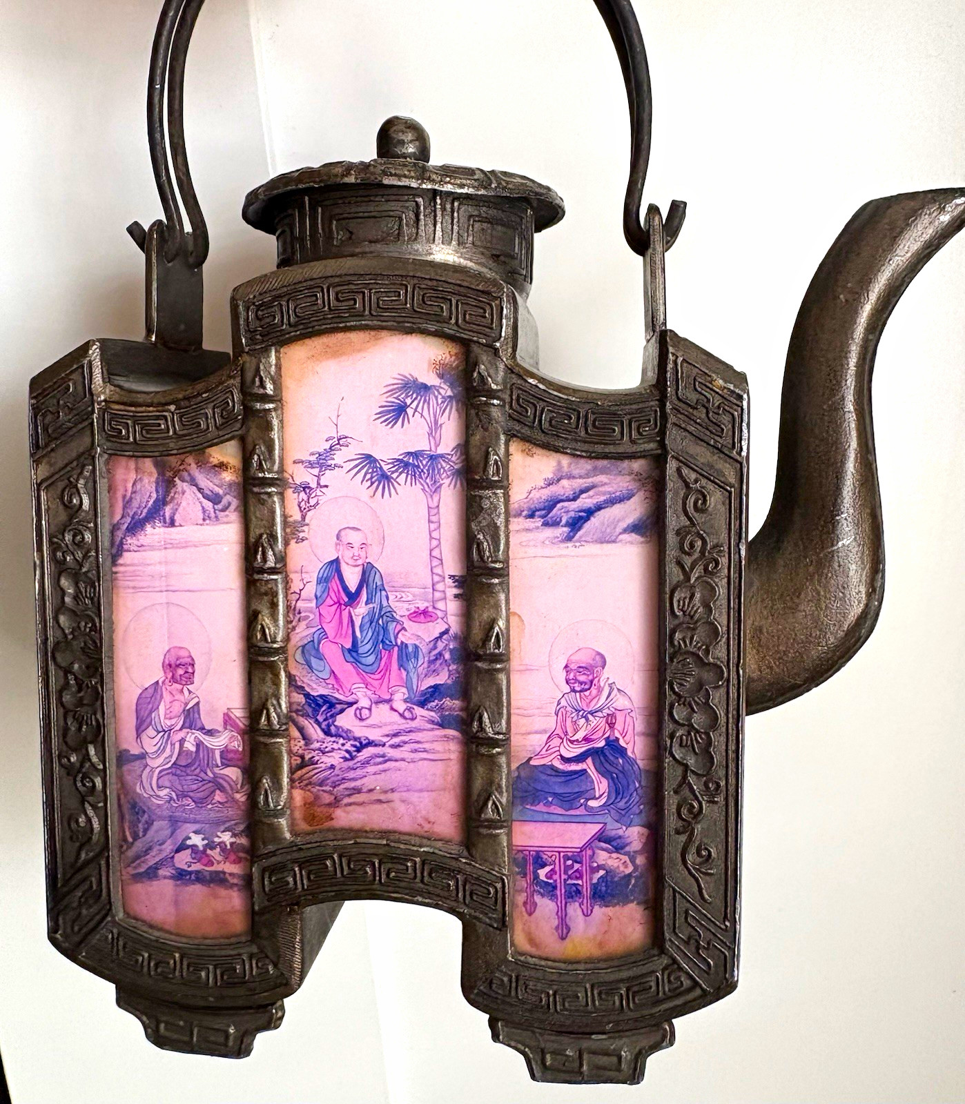 Antique Chinese Pewter Teapot Reverse Painted Glass Luohan Yan Yongli Mark 19C