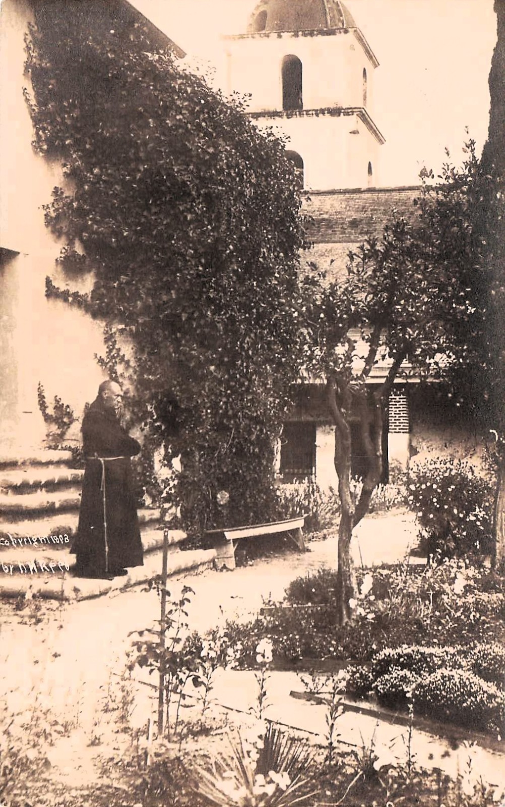 RPPC Old Santa Barbara Spanish Mission Monk Photo California Vtg Postcard J2