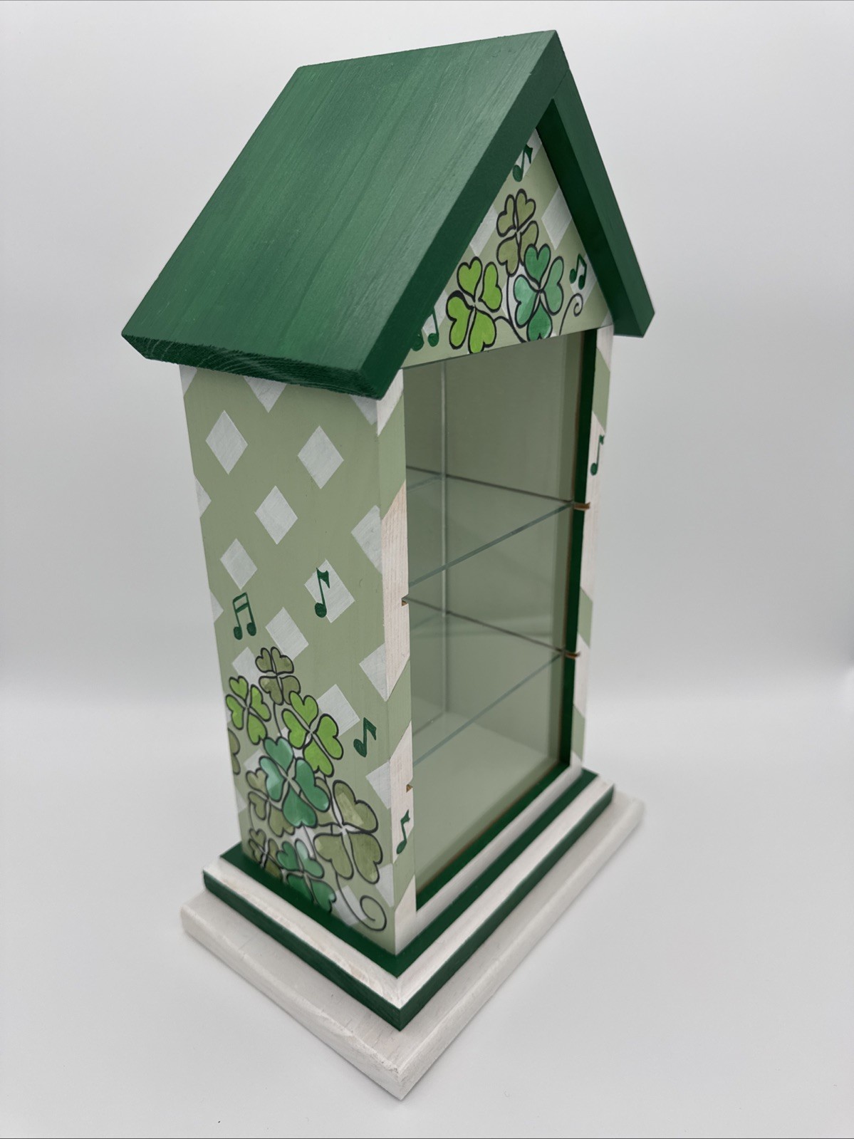 Wee Forest Folk 3 Shelf Display Case Shamrock Painted Wood Mirror Glass OOAK