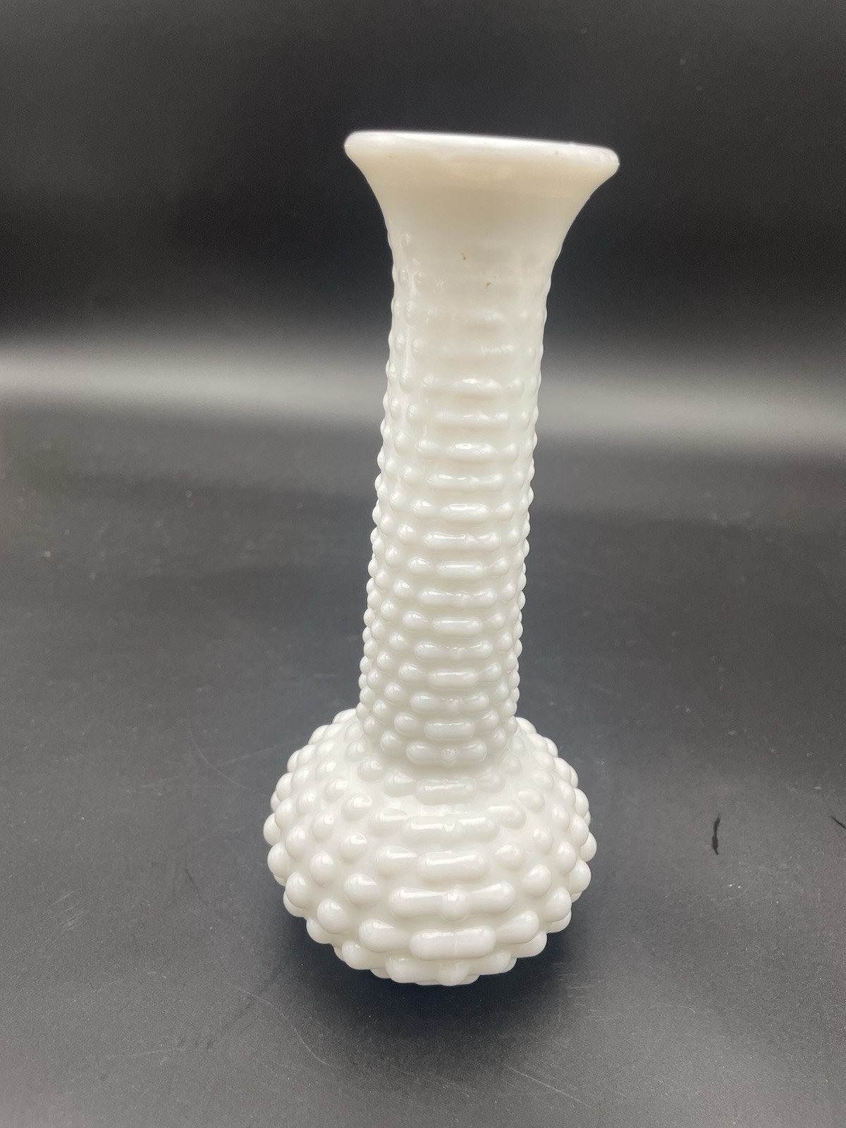 Vintage E. O. Brody White Milk Flower Bud Glass USA Hobnail Bud Vase 7.75