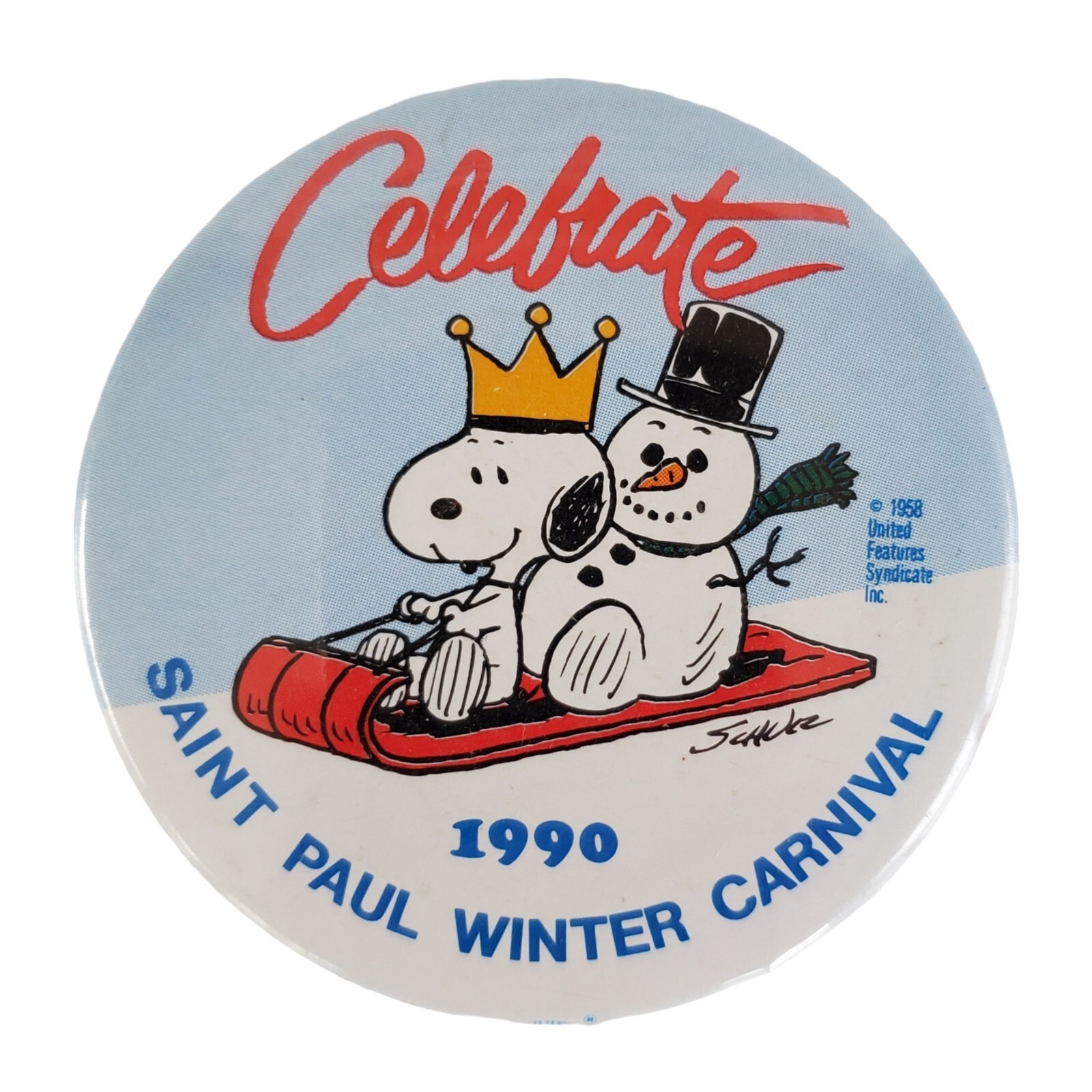 1990 Saint Paul Winter Carnival Pinback Button Snoopy & Snowman Celebrate VTG