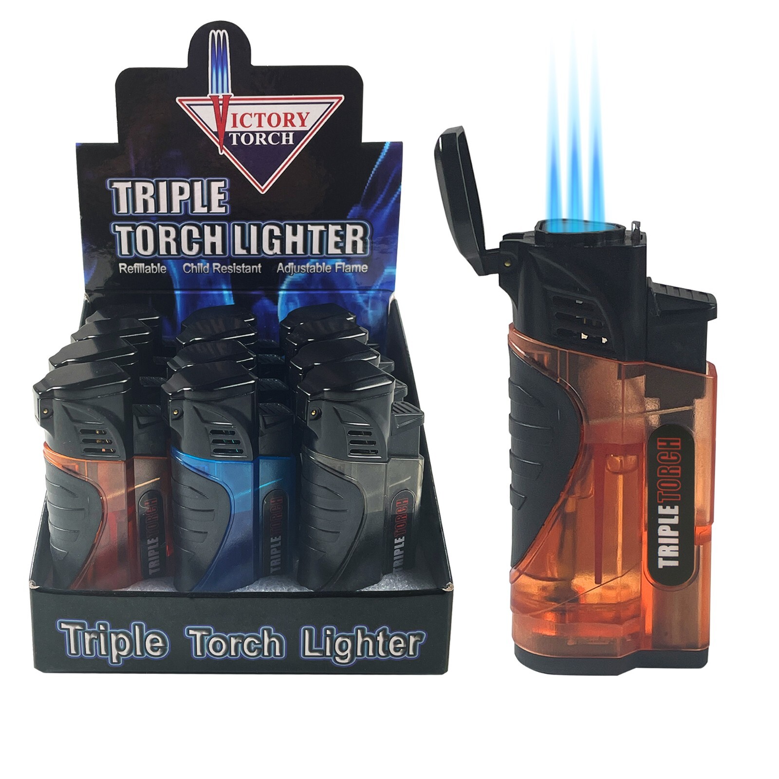 12 PACK Triple Jet Torch Lighter Adjustable Flame W/ Cigar Pouch 12 PACK Triple Jet Torch Lighter Adjustable Flame W/ Cigar Pouch