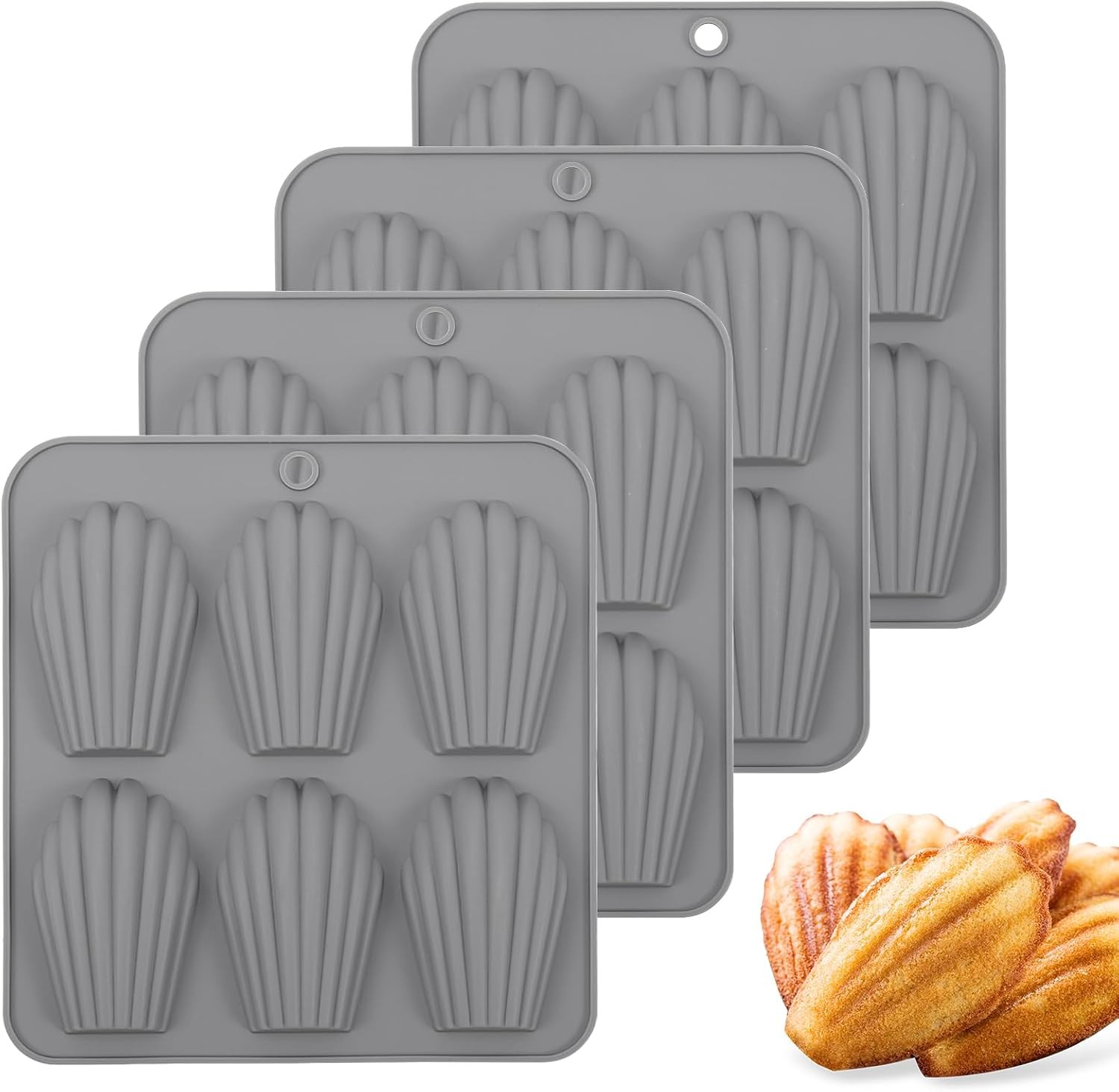 4-Pack Madeleine Pan, 6-Cavity Shell Mold, Nonstick, Oven-Safe, Grey 4-Pack Madeleine Pan, 6-Cavity Shell Mold, Nonstick, Oven-Safe, Grey