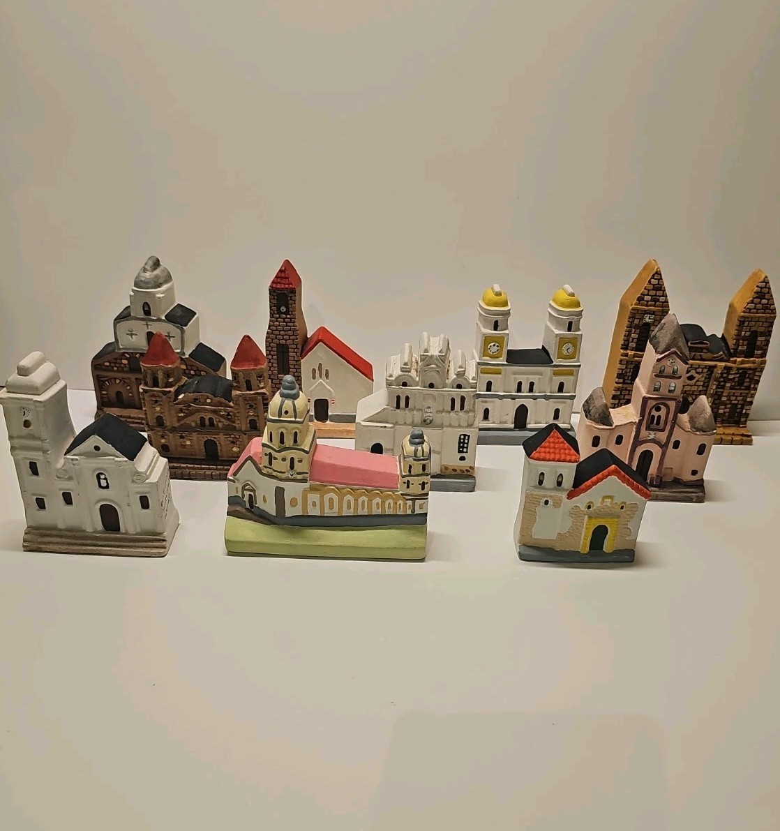 Vintage Columbian Village  Sculptures Buildings Hand painted ceramic LOT OF 10