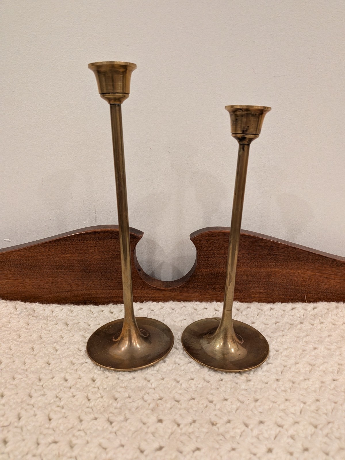 Vintage Brass Candlestick Holders MCM Tulip Base Set of 2 Made in Taiwan 1970s
