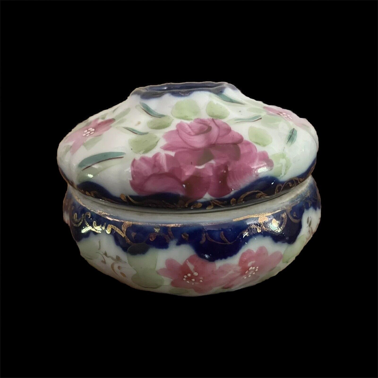 Vintage Victorian Style Porcelain Hair Receiver Vanity Cobalt Blue Pink Roses