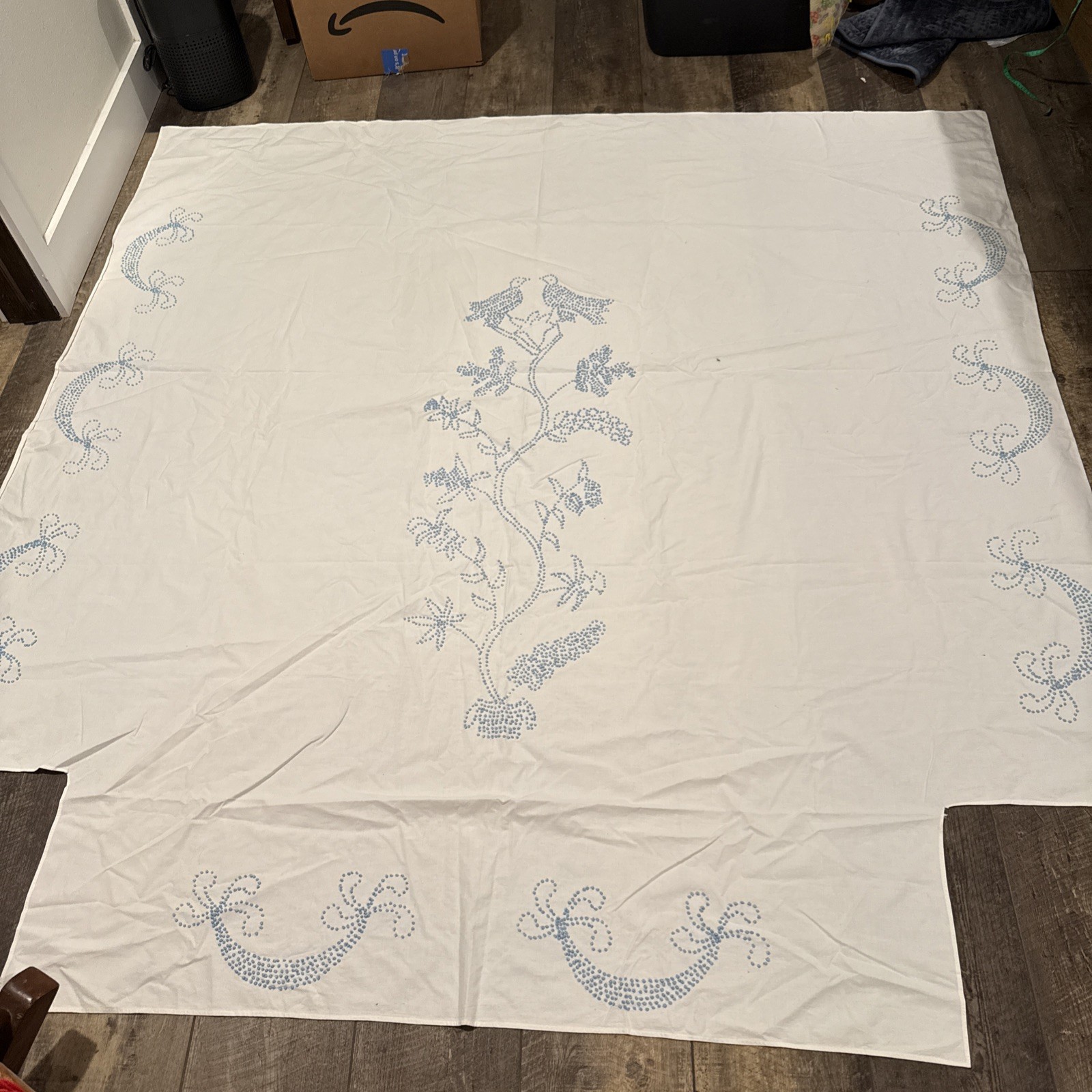 Large Vintage French Knot  Embroidered Linen Tablecloth 64