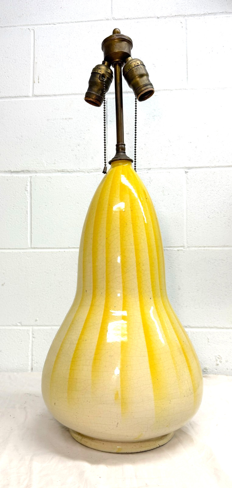 LARGE antique French yellow brass gourd shaped pottery electric table lamp light LARGE antique French yellow brass gourd shaped pottery electric table lamp light