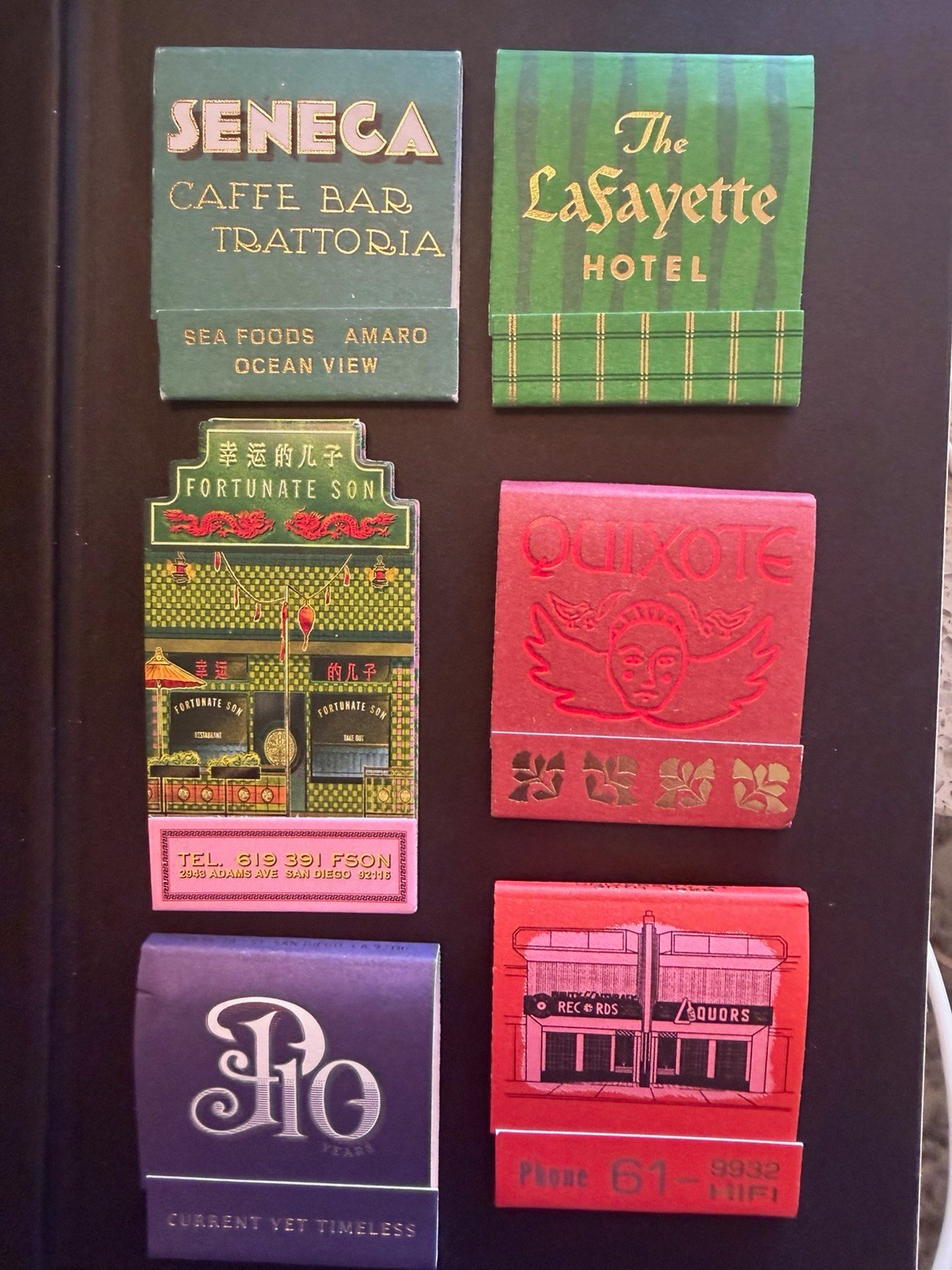 San Diego lot of 6 Vintage Matchbooks - Seneca Quixote Lafayette Hotel More