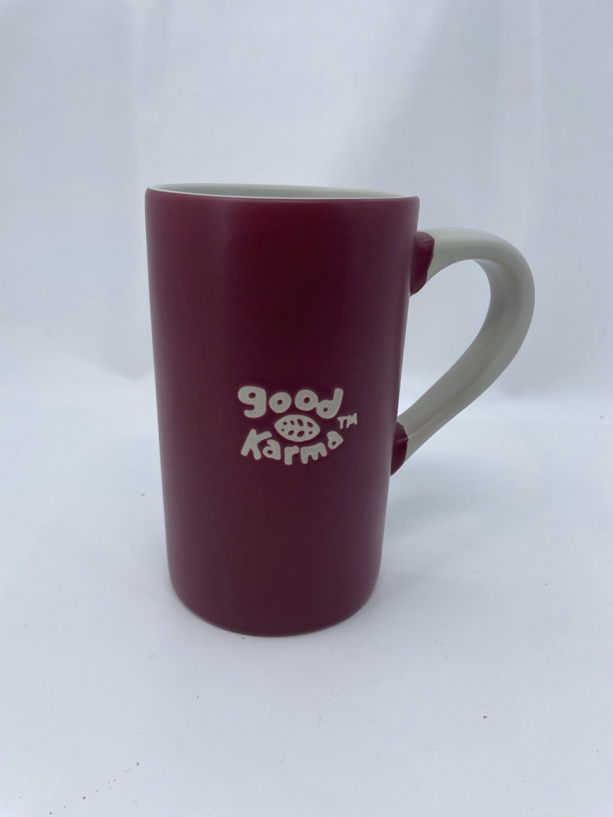 Good Karma Life Is Good Coffee Mug Red Tan Hand Stamped Slim Ceramic Cup Mug