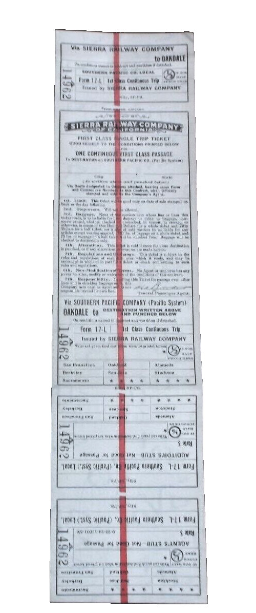 1920\'s UNUSED SIERRA RAILROAD SOUTHERN PACIFIC JOINT FIRST CLASS TICKET 