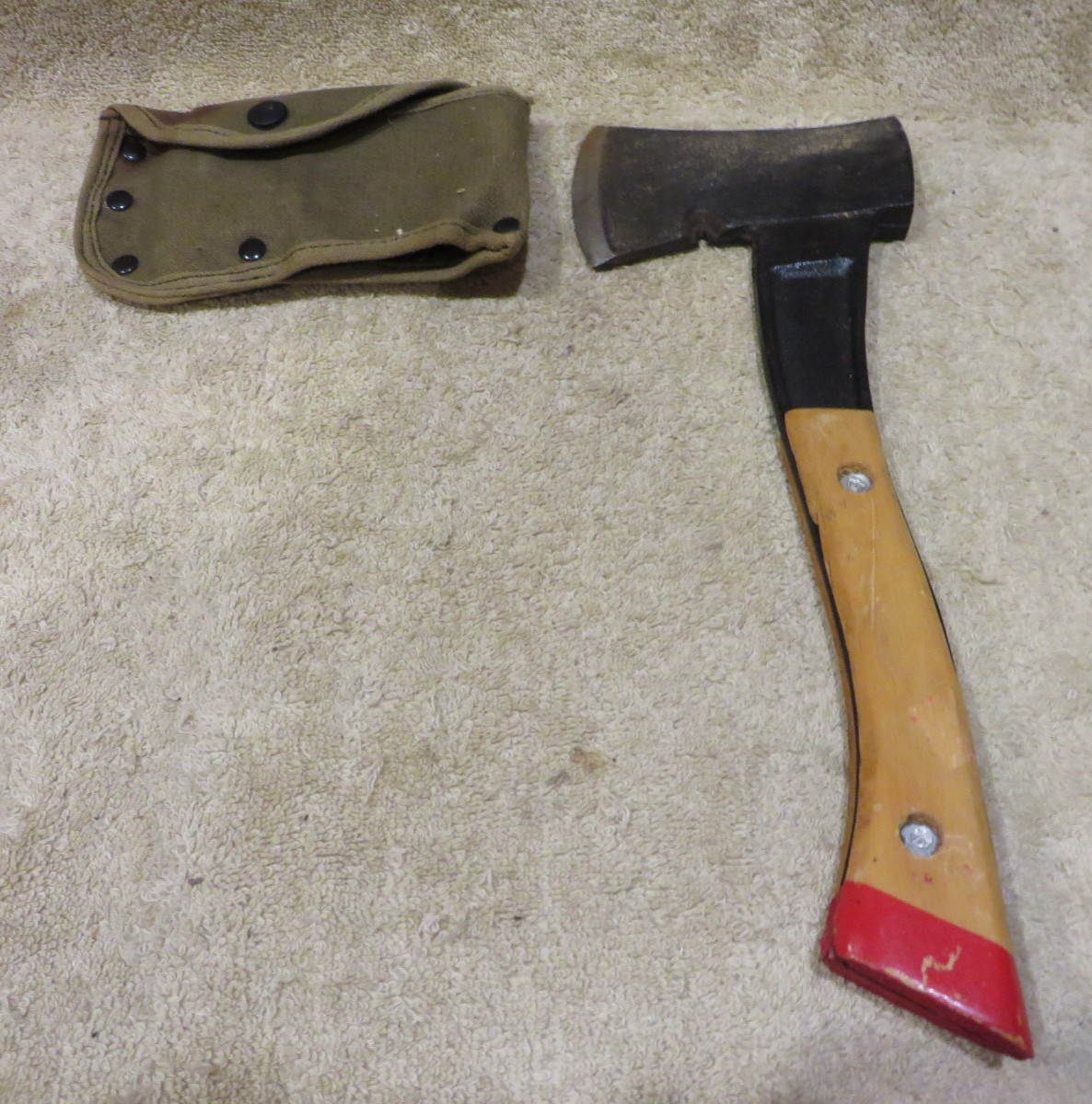 Rare Vintage Camping Hiking Hatchet Axe Wood Handle w/ Green Canvas Sheath -SEE
