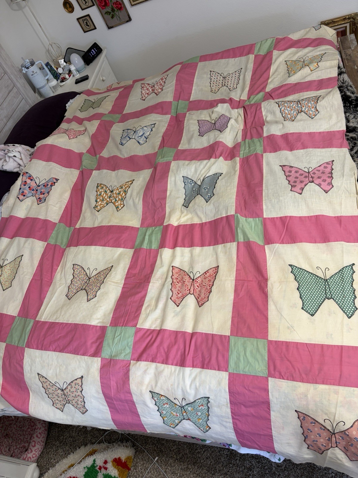 Vintage Atq Homemade Quilt Butterfly Feedsack Quilt Topper Homemade 99”x66”