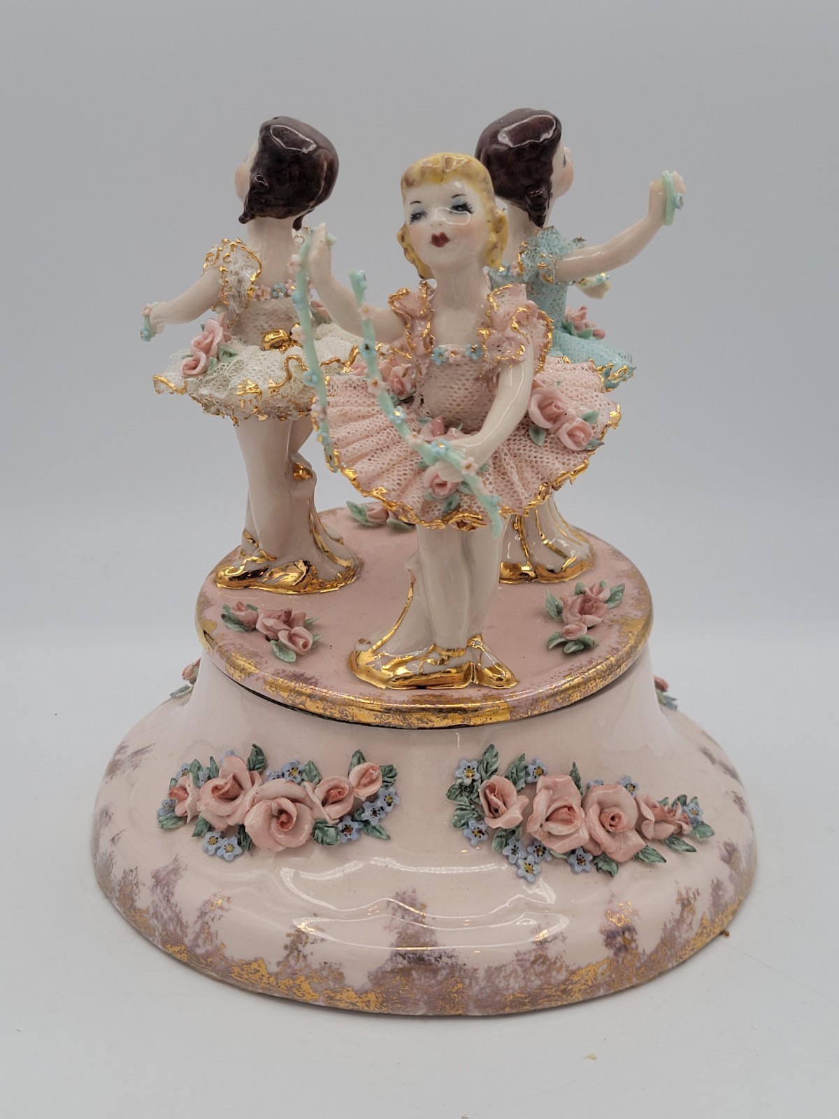 Vtg Dresden ? Lace 3 Ballerina Porcelain Figurine Music Box For Repair German? Vtg Dresden ? Lace 3 Ballerina Porcelain Figurine Music Box For Repair German?