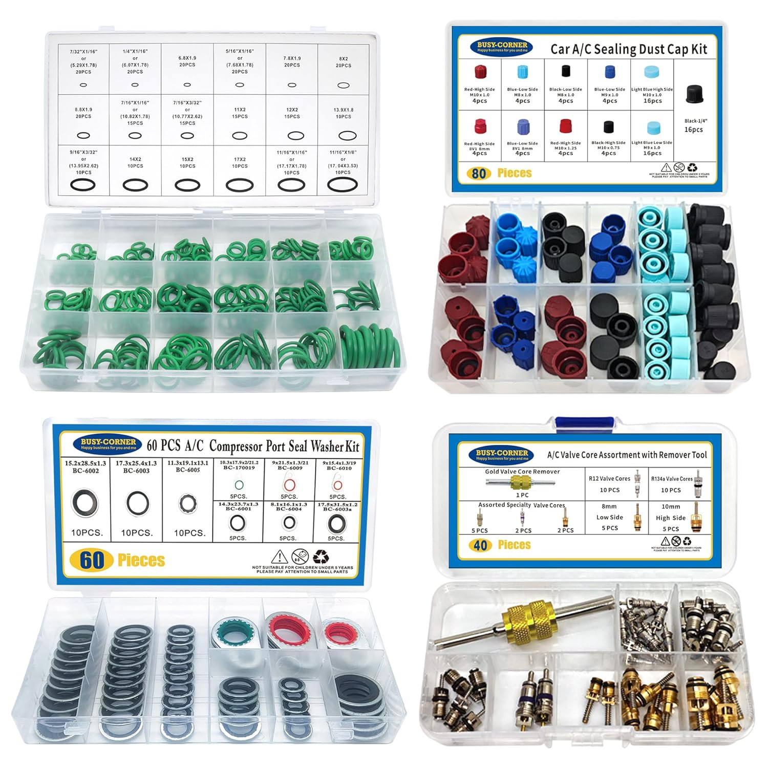 4 Set Car A/C Compressor Gasket Seals and Dust Cap, O-Ring Kit, Valve Core Kit w