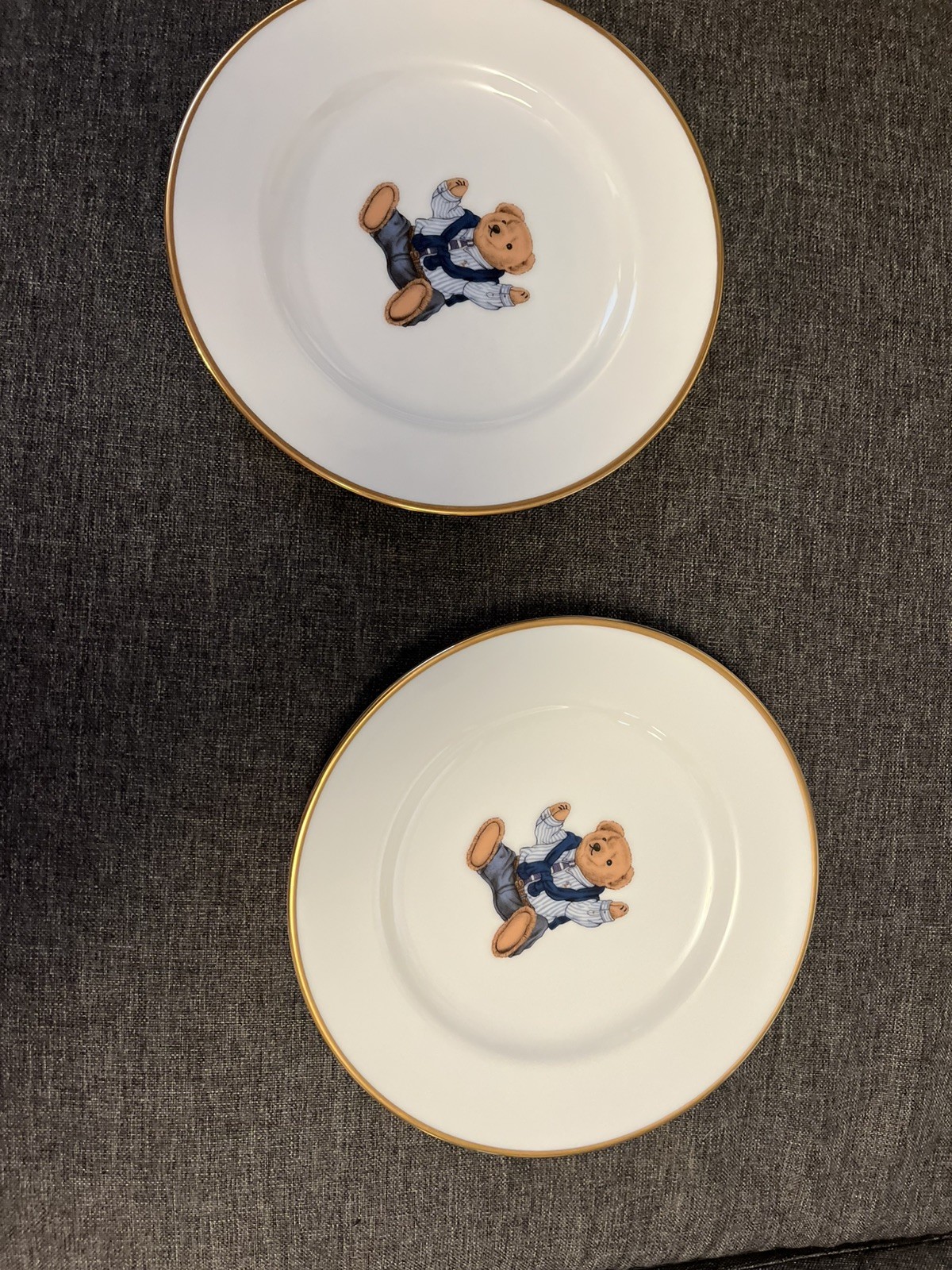 Pair Vintage Ralph Lauren 1992 Polo Bear Wedgwood Salad Plates Gold Rim Set of 2