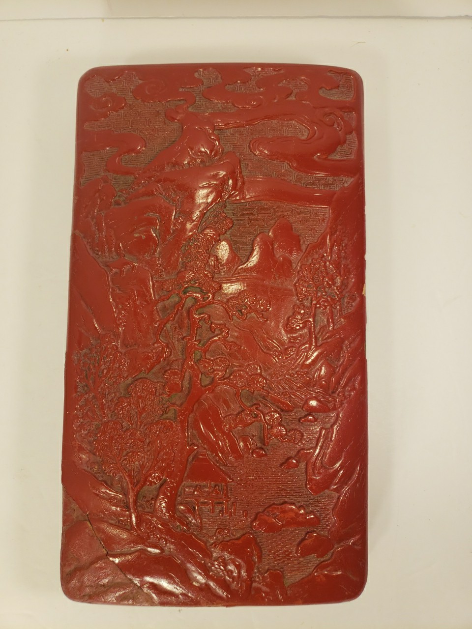As-is Vtg Chinese Cinnabar Lacquer Box Rectangular Decorative Landscape Carved 