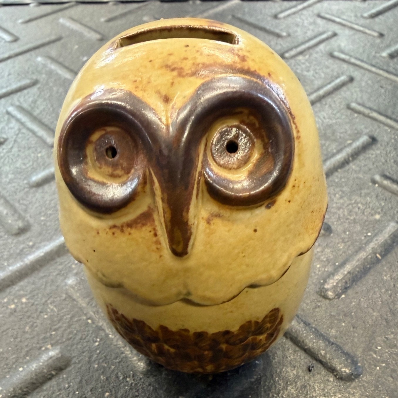 Vintage Ceramic Owl Coin Bank Mustard Brown Retro Pottery Missing Stopper