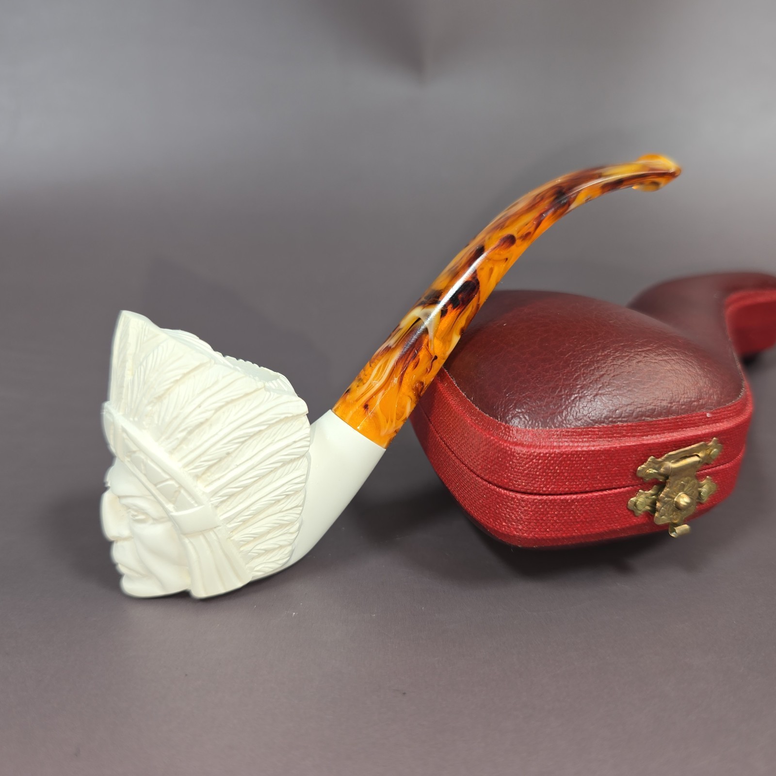 Small Indian Head Estate Block Meerschaum Pipe With Case Unsmoked