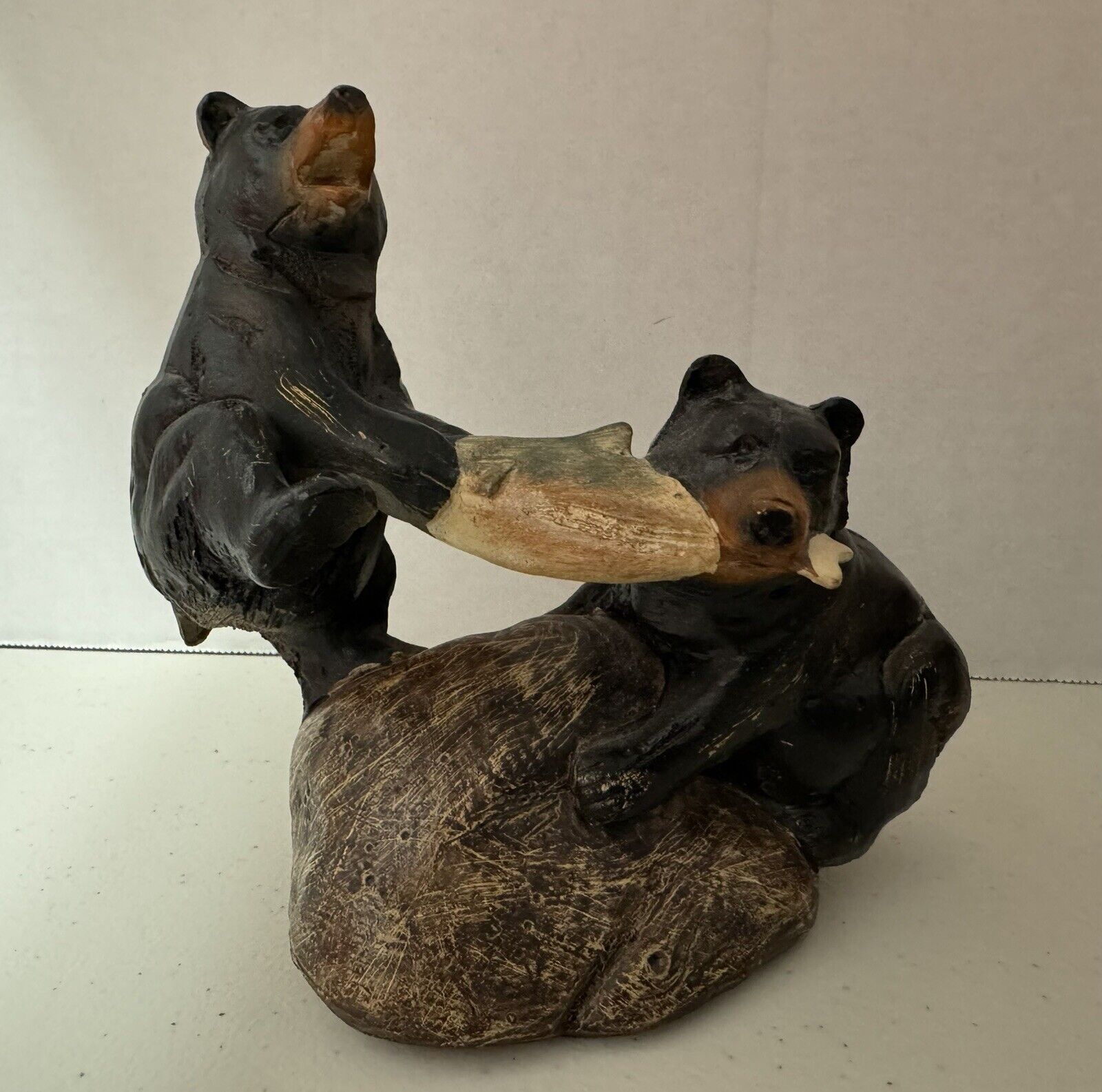 Bears Fighting Over Trout Detailed  On Rock Figurine 6\