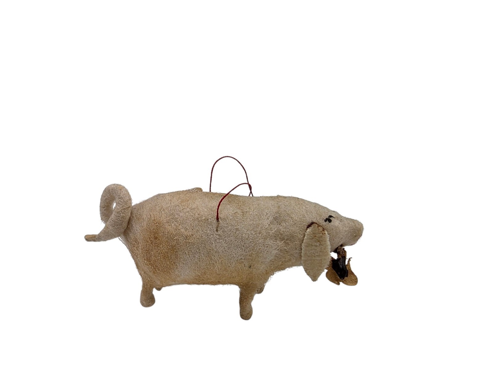 Antique Early German Spun Cotton Pig With Clover Christmas Ornament Animal 2.5