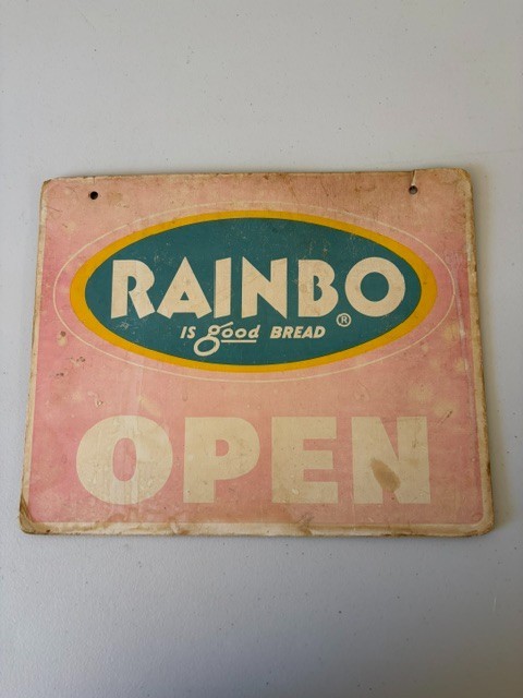 RARE Vintage Rainbo Is Good Bread Sign Double Sided Open Closed Cardboard Store