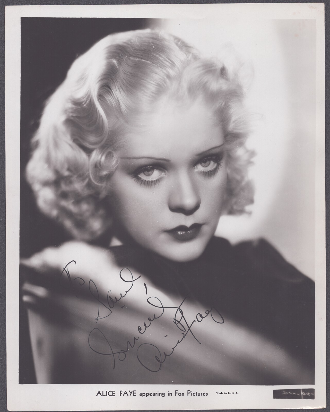 ALICE FAYE - INSCRIBED PHOTOGRAPH SIGNED CIRCA 1935