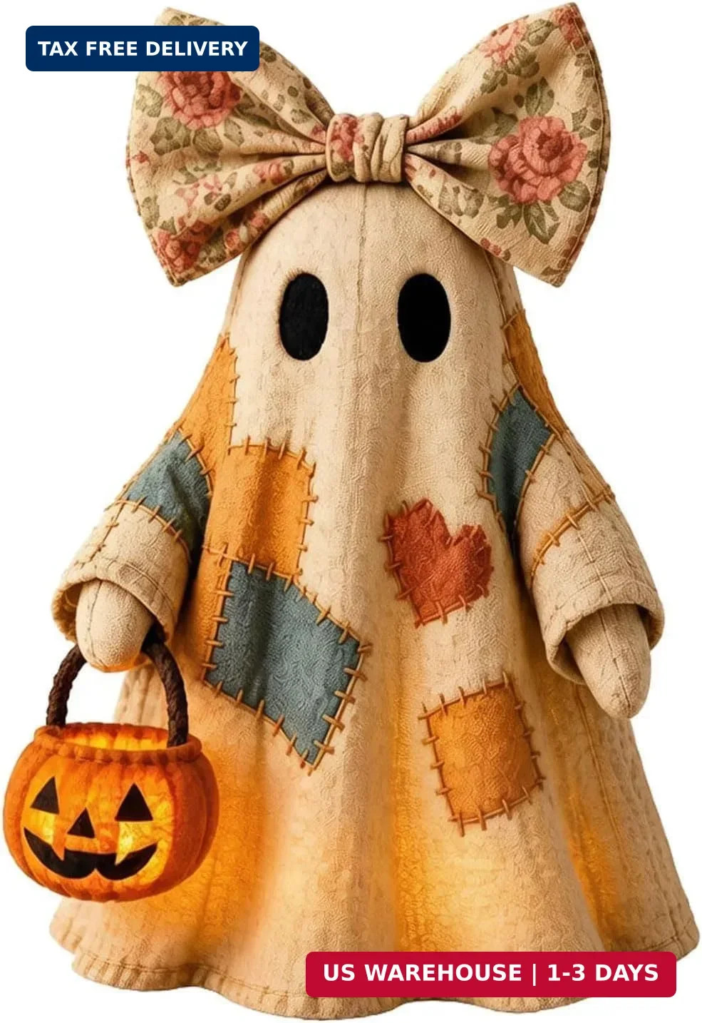 Lighted Vintage Patchwork Ghost, LED Light Up Ghost with Pumpkin Lantern