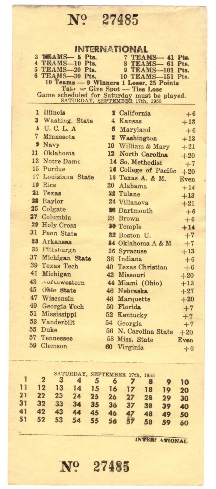 Vintage Sept. 17th 1955 NCAA Football Betting Slip unused Vintage Sept. 17th 1955 NCAA Football Betting Slip unused