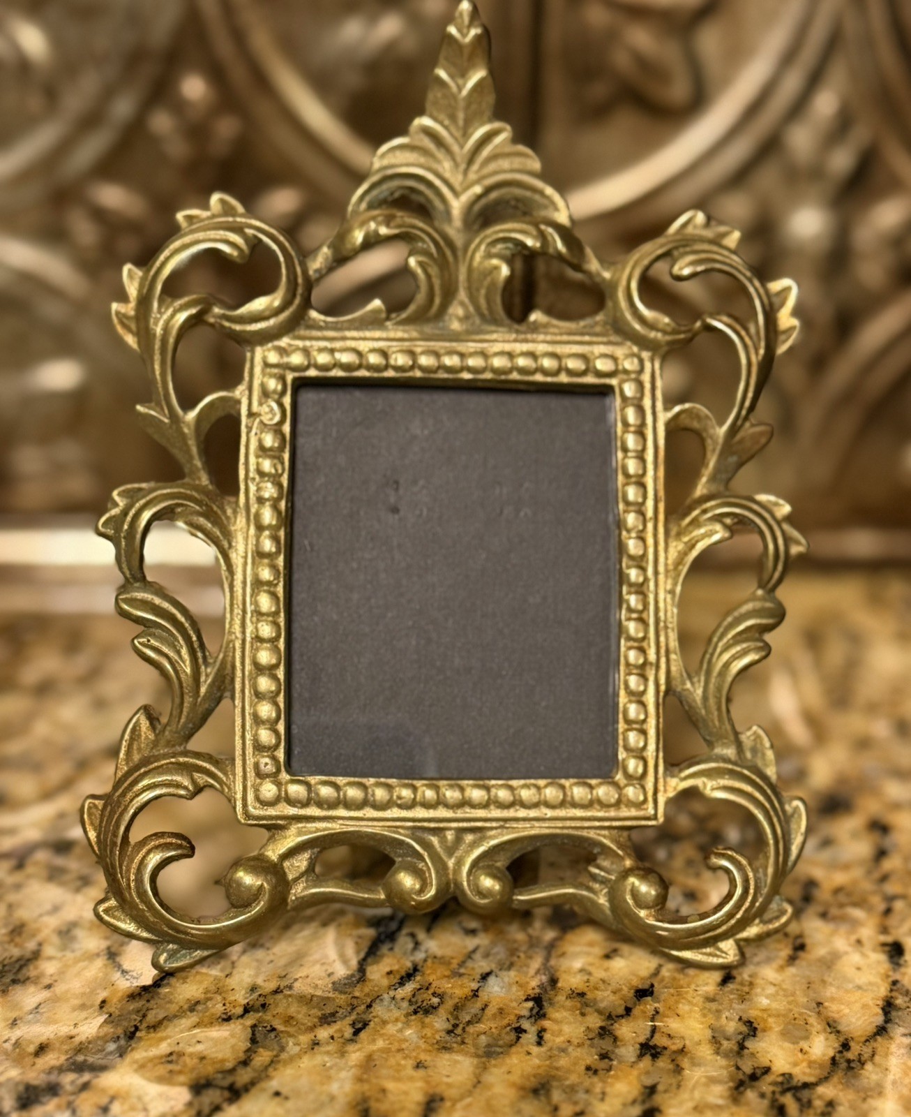 Vintage Victorian Style Cast Metal Brass Tabletop Photo Ornate Frame Easel Back