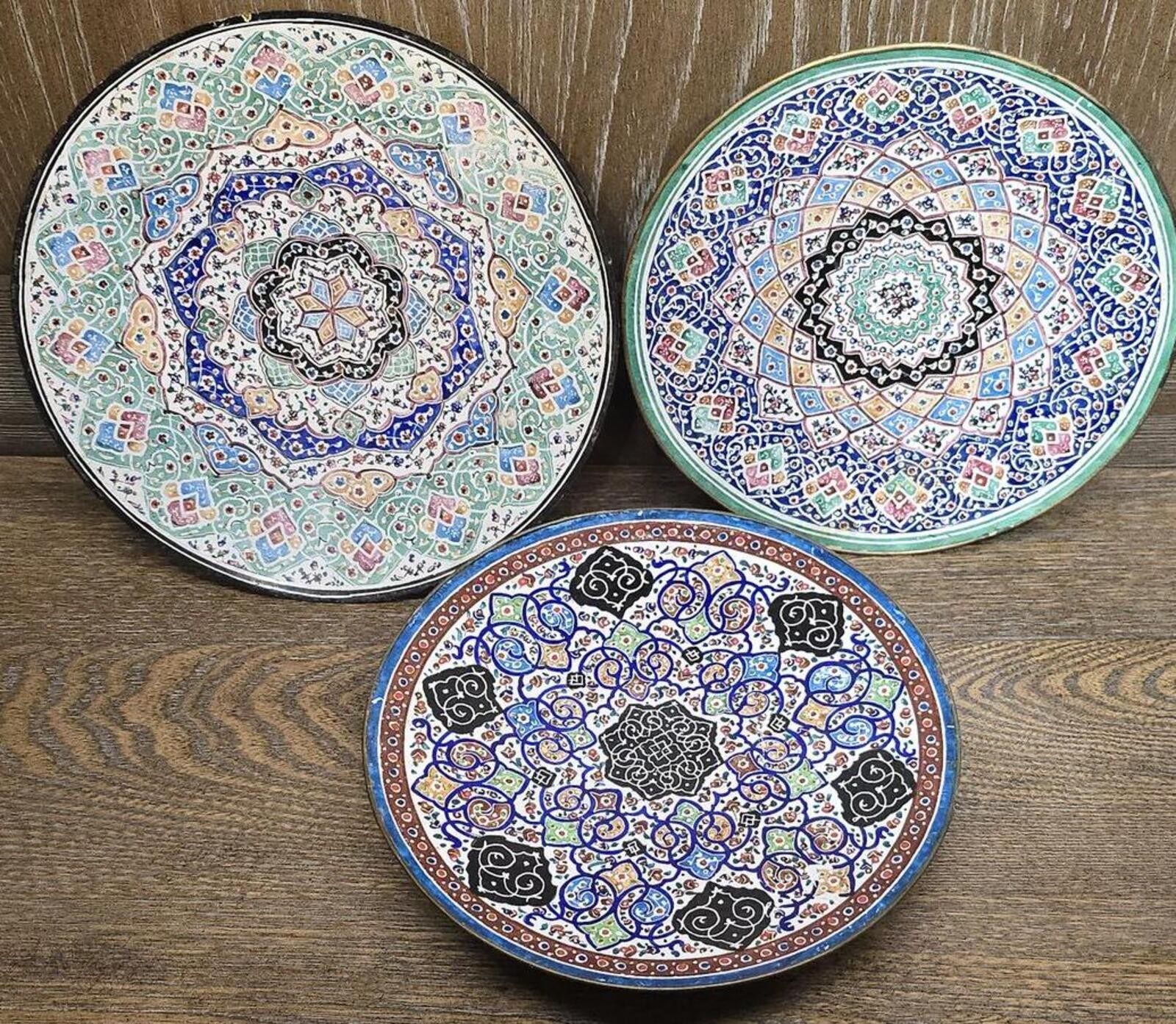 3pc Antique Turkish Hand Enameled Brass Wall Hanging Plates