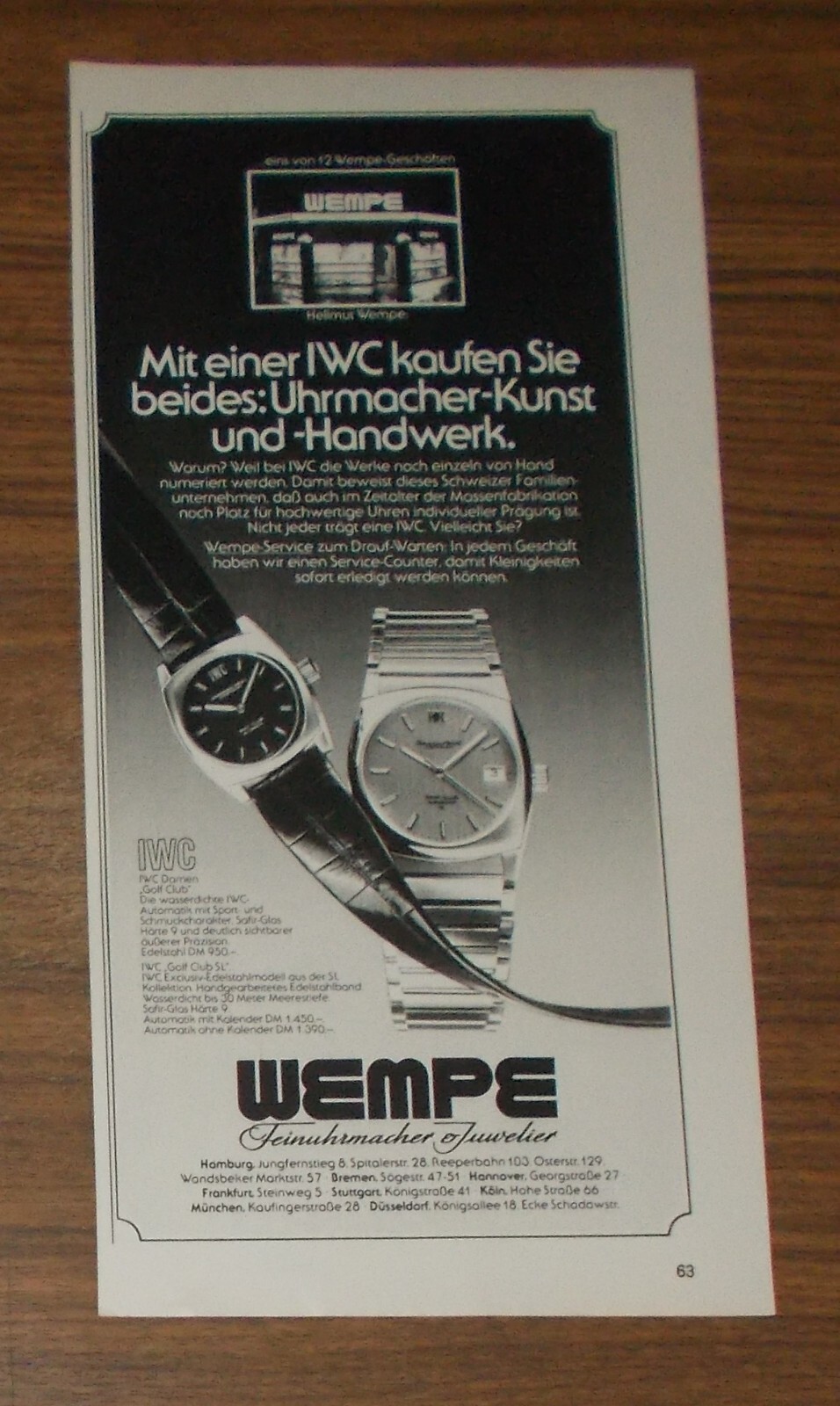 Rare Advertising Vintage IWC International Watch Company GOLF CLUB Wempe 1977