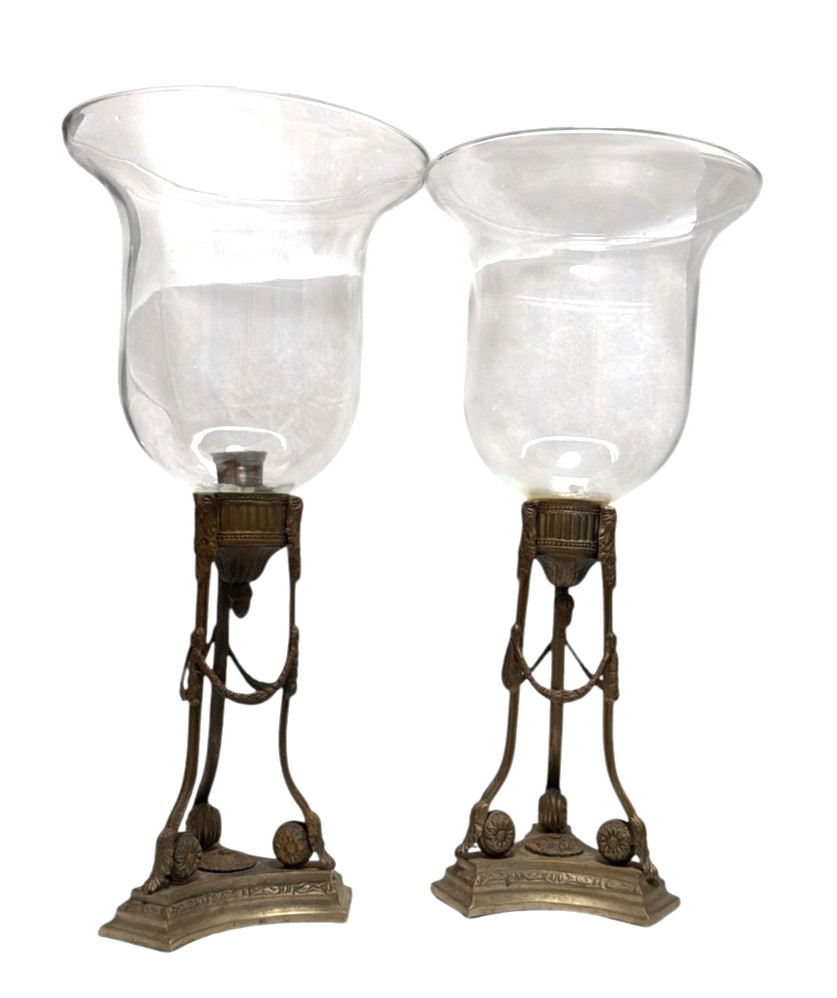 Pair Indian Brass & Glass Hurricane Candle Holders / Vase – 17” Vintage