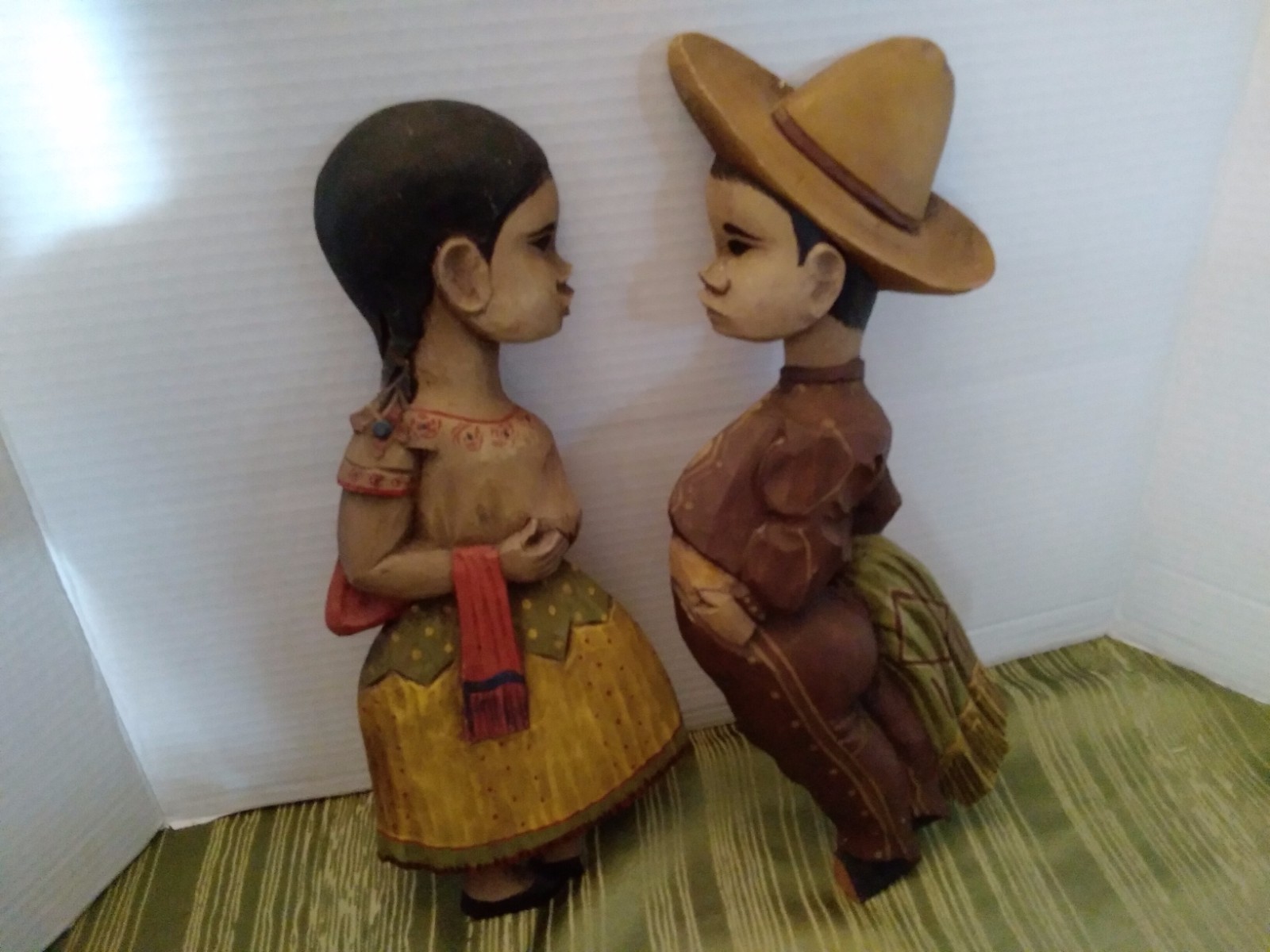 Vintage Wall Folk Art Mexican Girl and Boy Carved Out Of Wood Pair 13\
