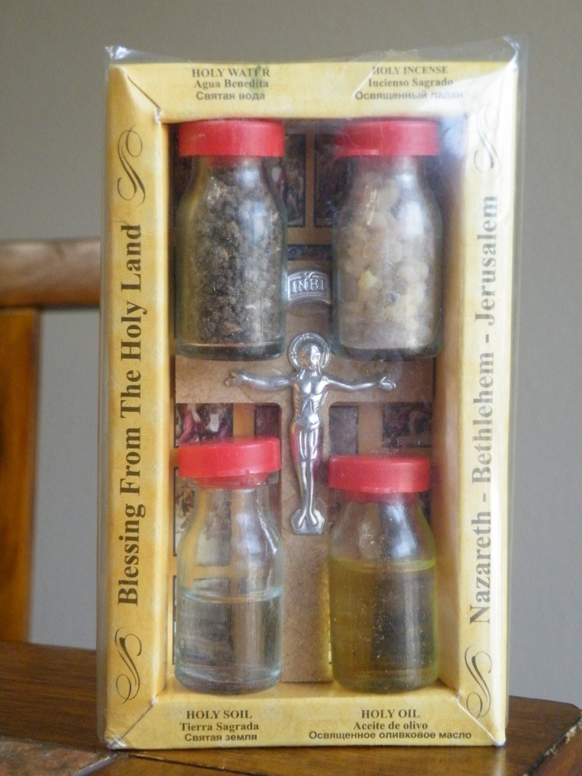 NEW Blessing KIT in BOX 4 Bottles & Wood CROSS from The Holy Land Jerusalem NVOS