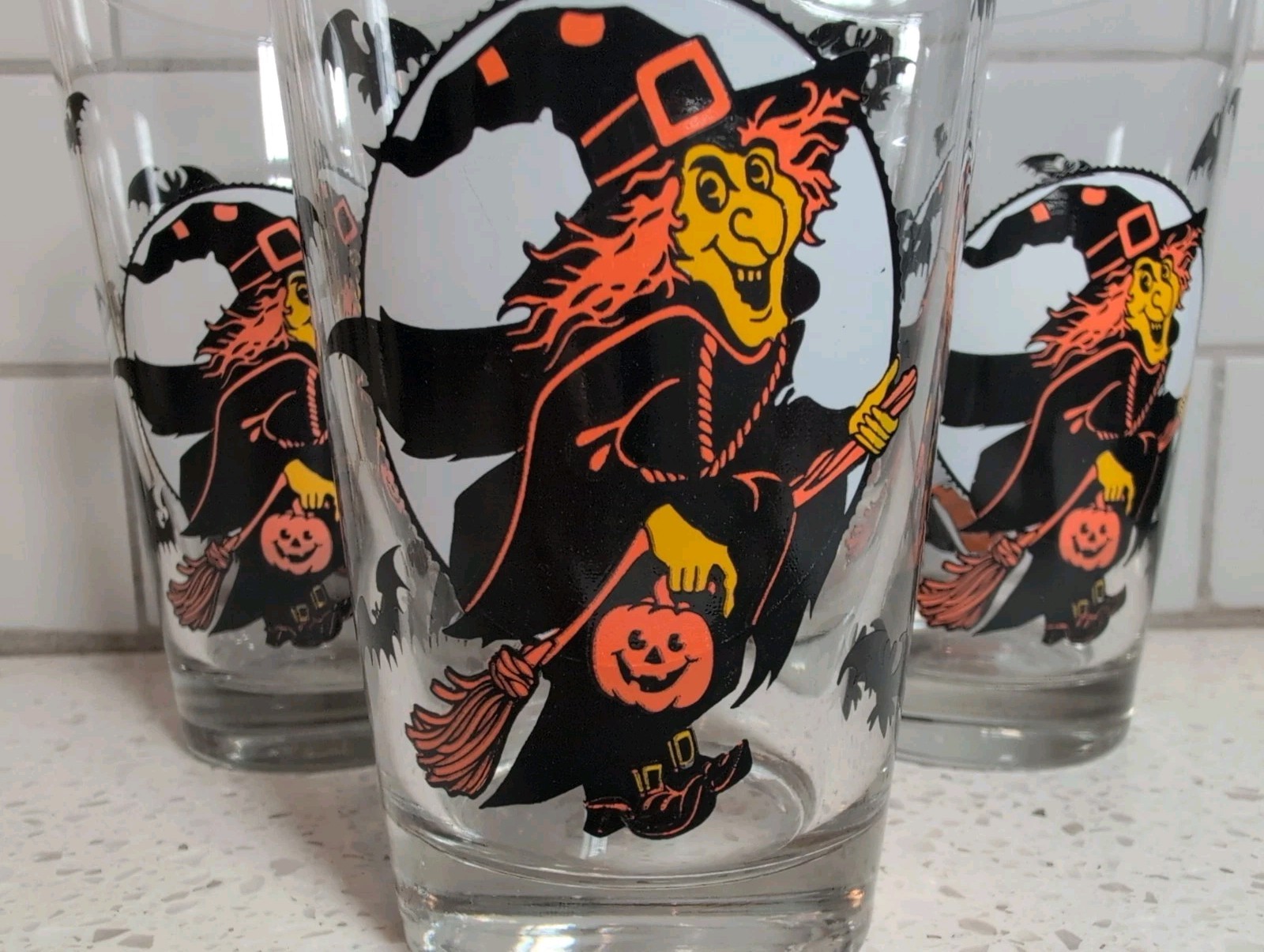 Vtg Libbey Halloween Drinking Glass Witch and Bats Beverage Tumbler, Set of 3