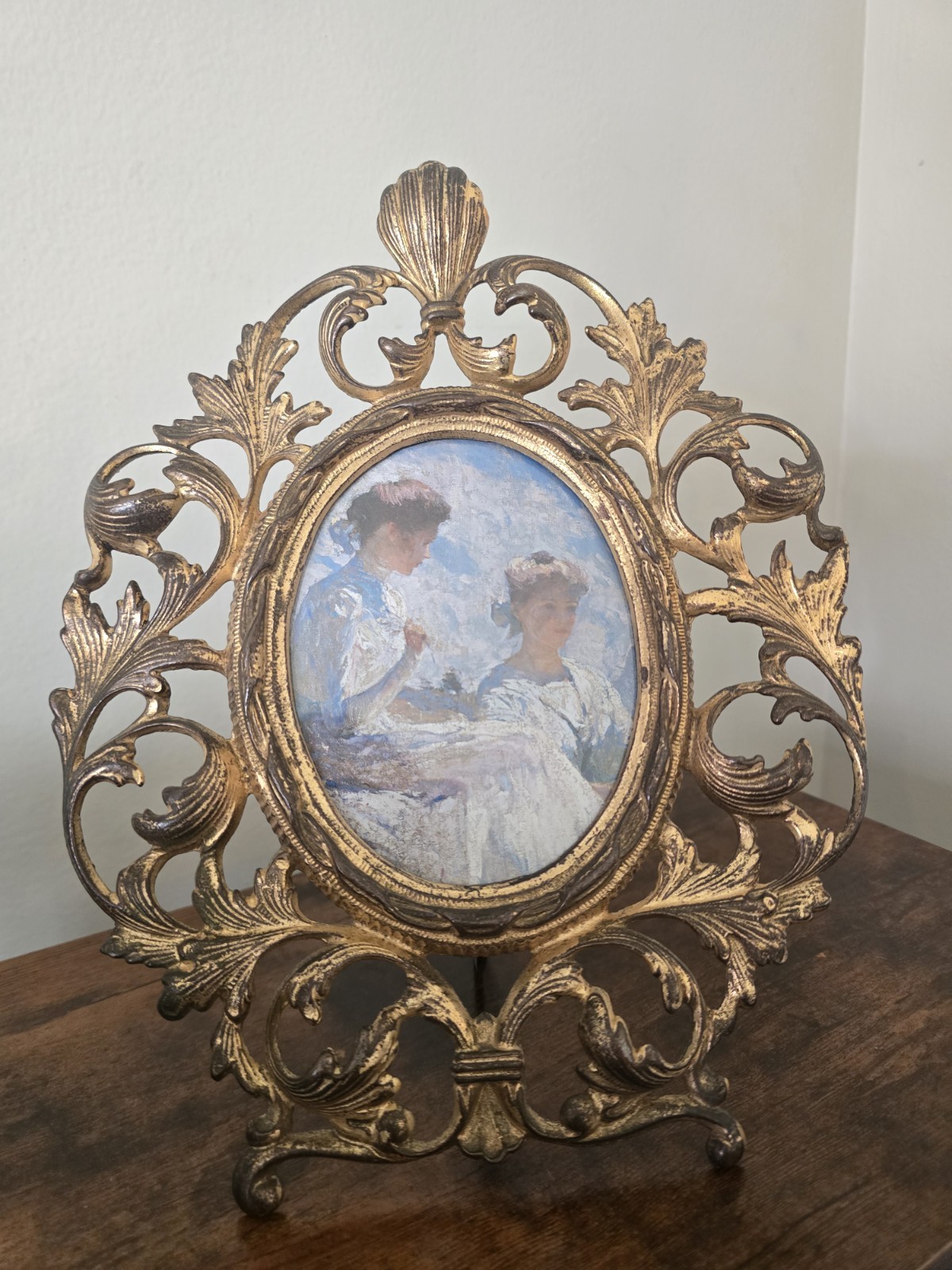 Antique Rococo Bronze Gilt Photo & Frame Louie XVI Oval Easel Cast Metal Ornate