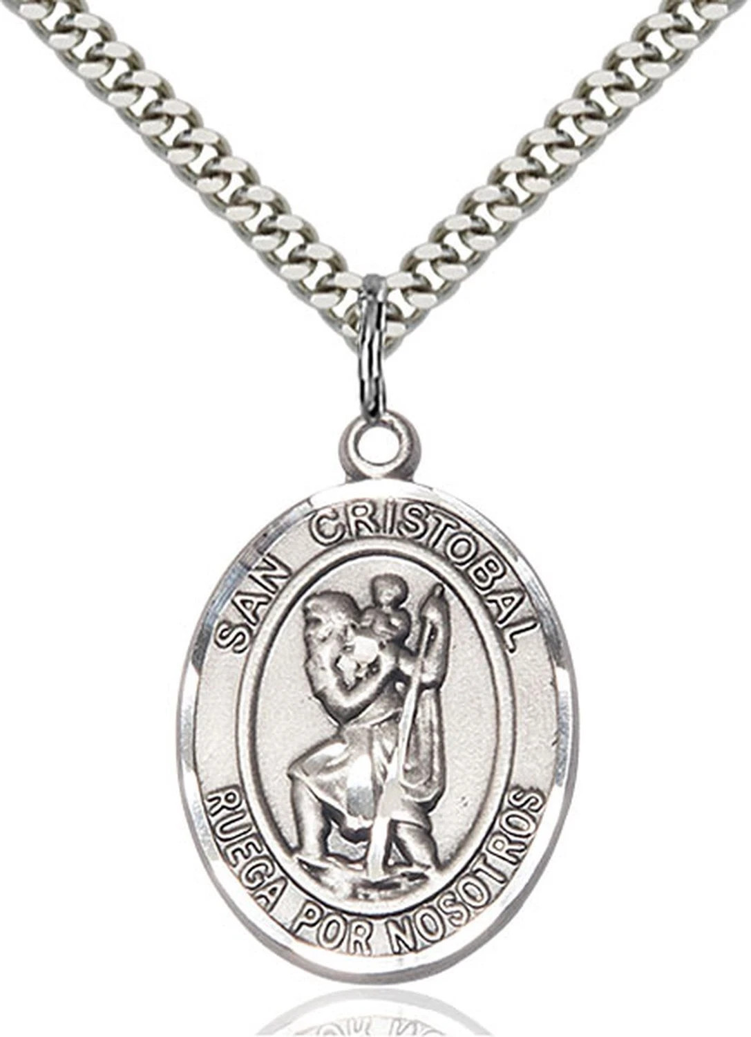 Pewter San Cristobal Religious Medal Pendant Necklace 24\
