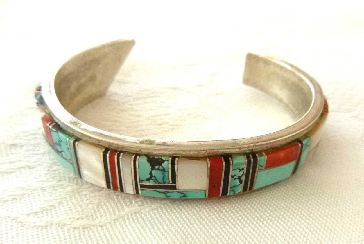 Zuni Artisan Multistone Inlaid Tapered Cuff Bracelet 925 Sterling Silver Signed