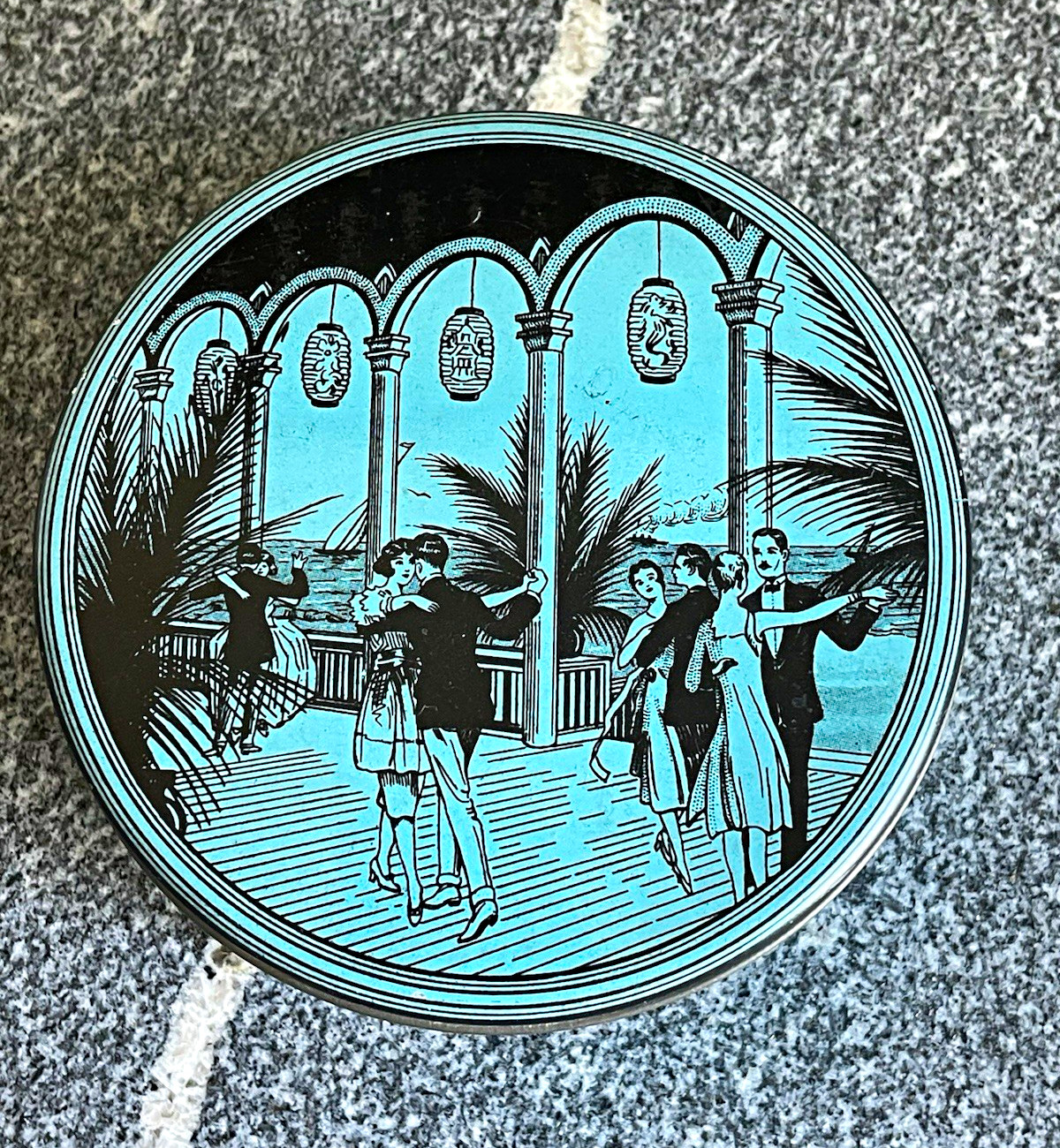 Antique 1920's Art Deco Blue / Black Moonlit Dancing Scene Power Candy Tin