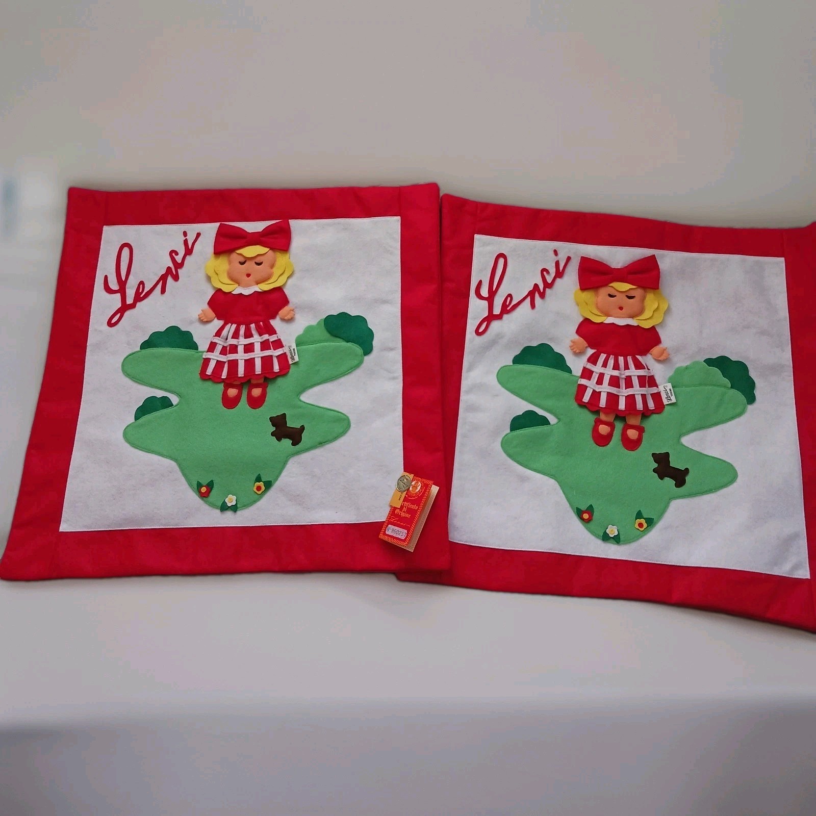 2- VTG Lenci Doll Pillow Covers Cases w/ Tag Made In Italy Girl & Dog 20 X 20\ 2- VTG Lenci Doll Pillow Covers Cases w/ Tag Made In Italy Girl & Dog 20 X 20\