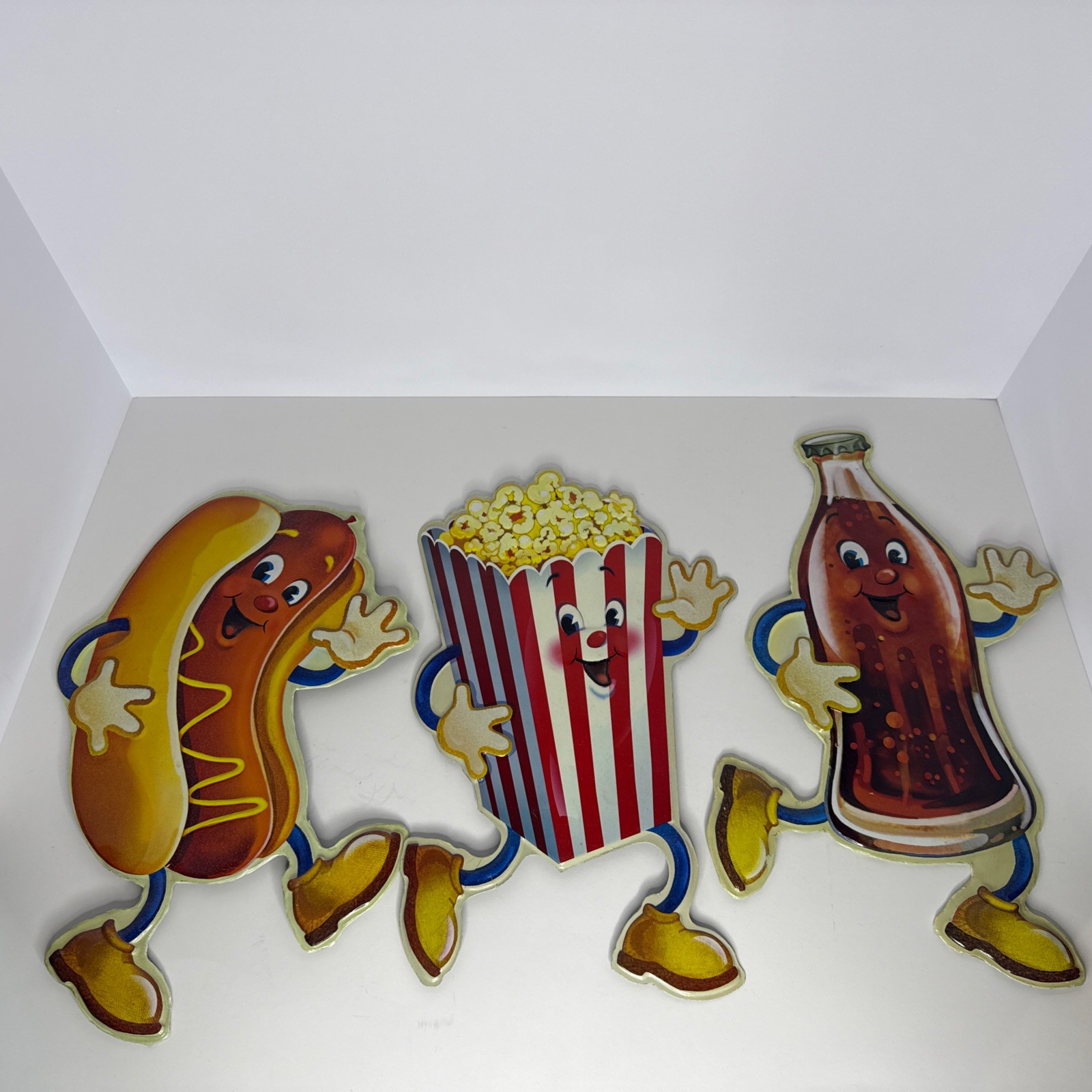 3 Vintage Popcorn / Hot Dog / Soda Bottle Tin Signs. Approx. 13”. Reproduction. 3 Vintage Popcorn / Hot Dog / Soda Bottle Tin Signs. Approx. 13”. Reproduction.