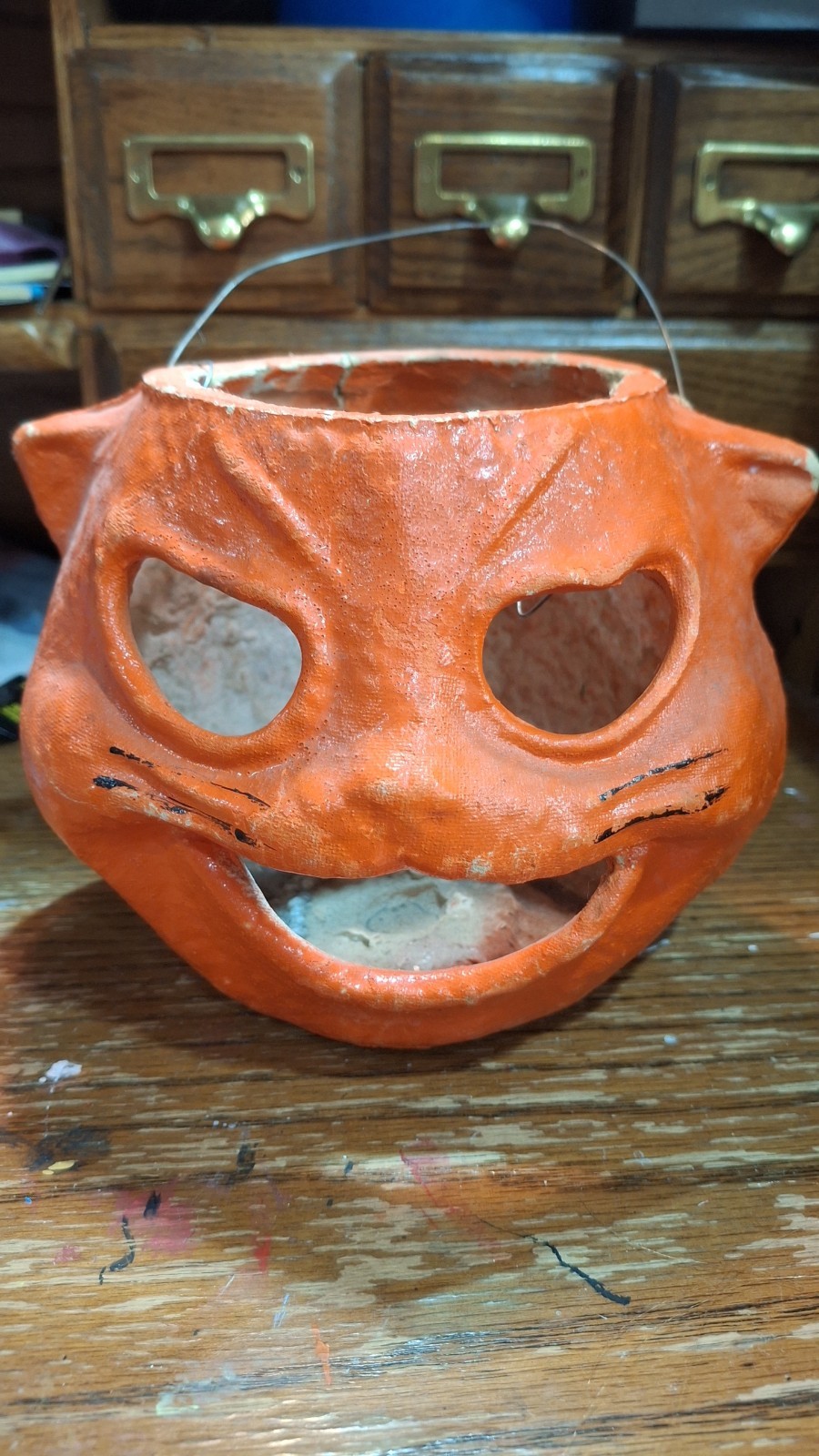 Vintage Red Paper Mache Cat Face Halloween Hanging Mask Decoration