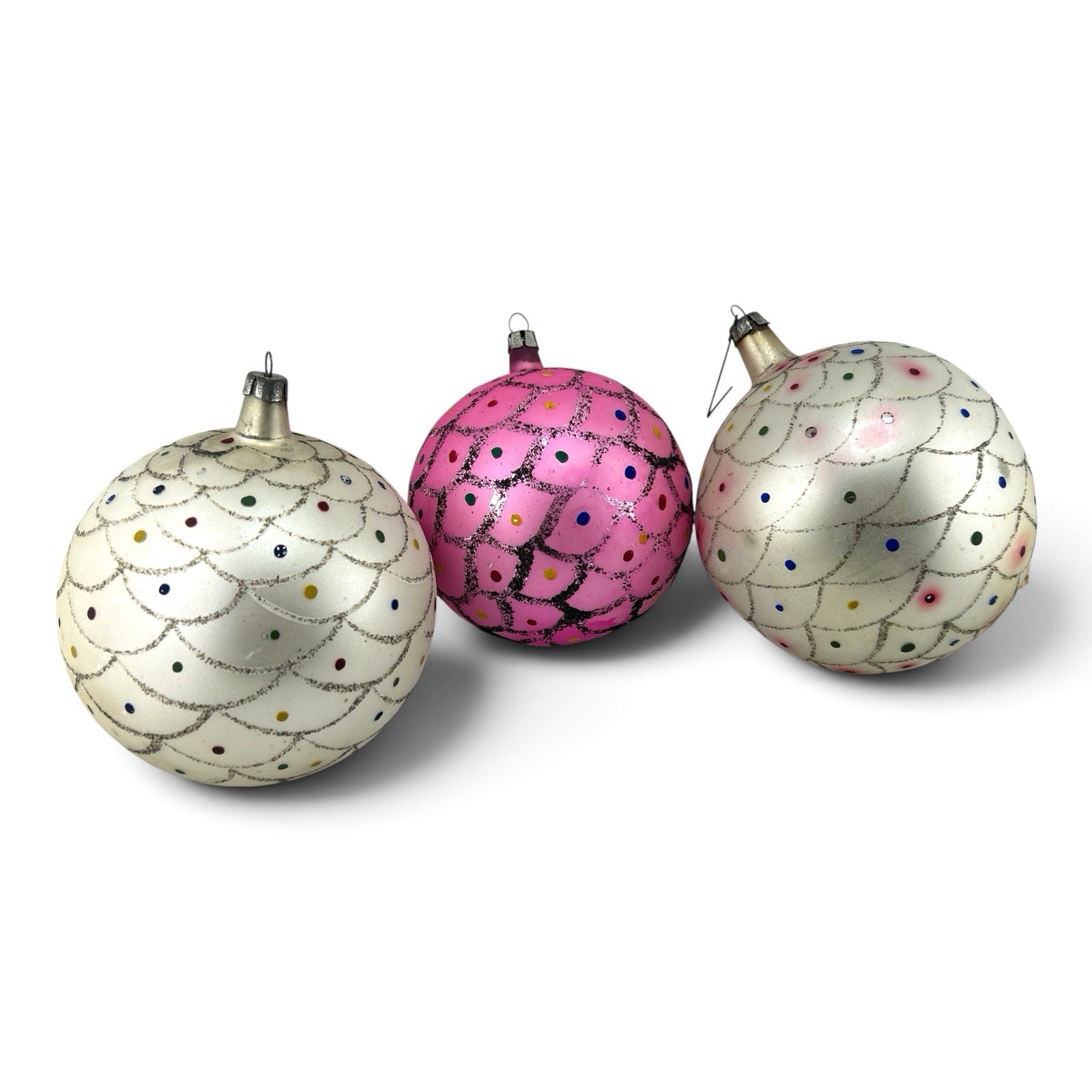 3 Vintage Polka Dot Scallop Fish Scale Jumbo Glass Christmas Ornament Poland 3 Vintage Polka Dot Scallop Fish Scale Jumbo Glass Christmas Ornament Poland