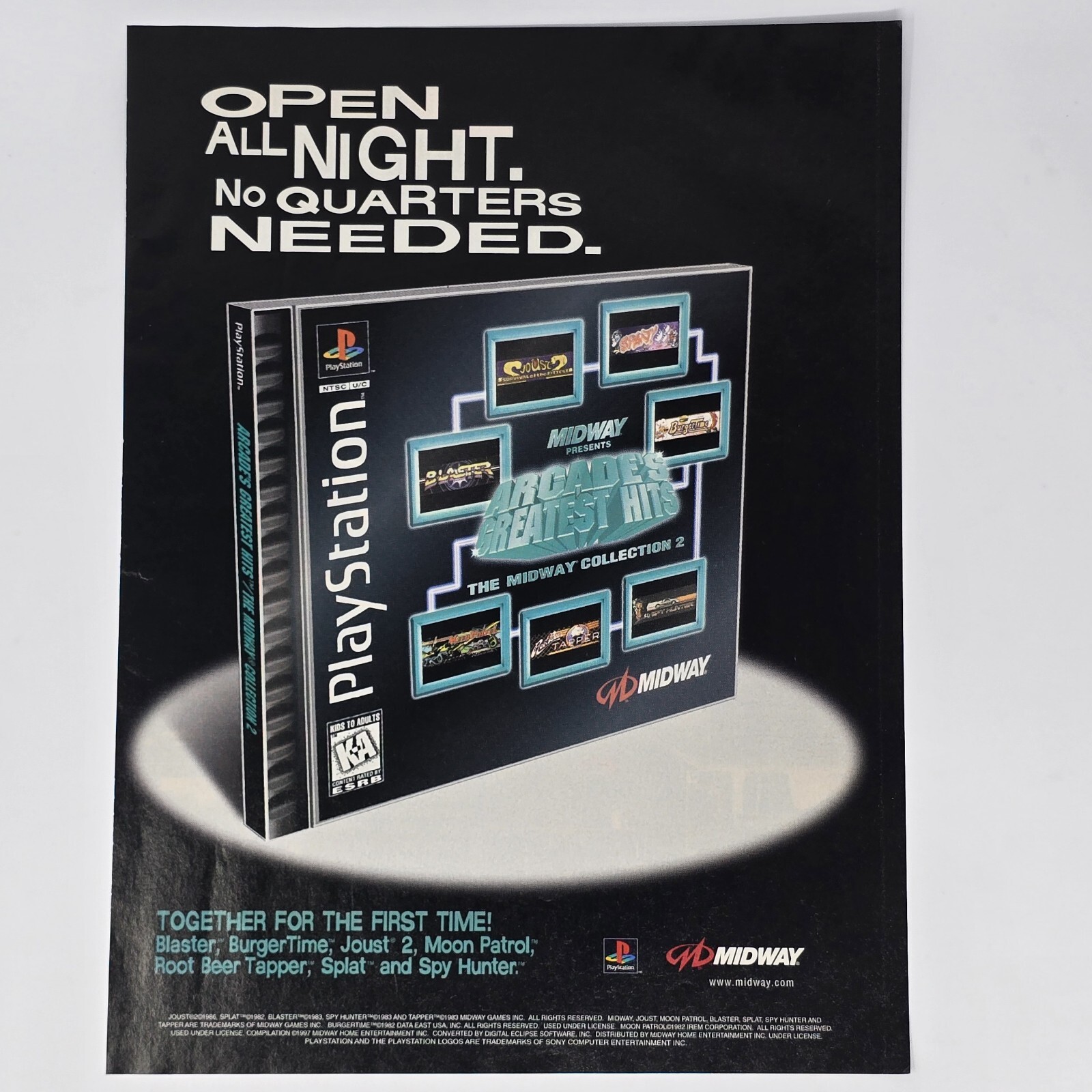 Midway Arcade\'s Greatest Hits PS1 No Quarters Print Ad/Poster Official Promo Art