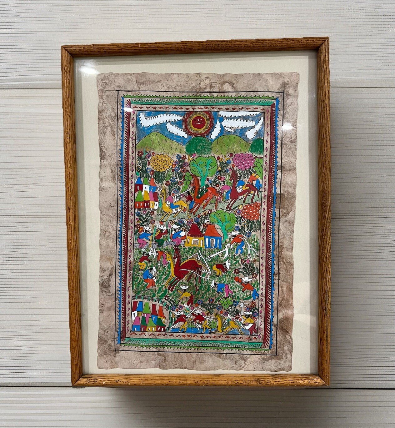 Mexican Folk Art Painting AMATE Bark Painting Farming Scenes 25”x19” Vintage